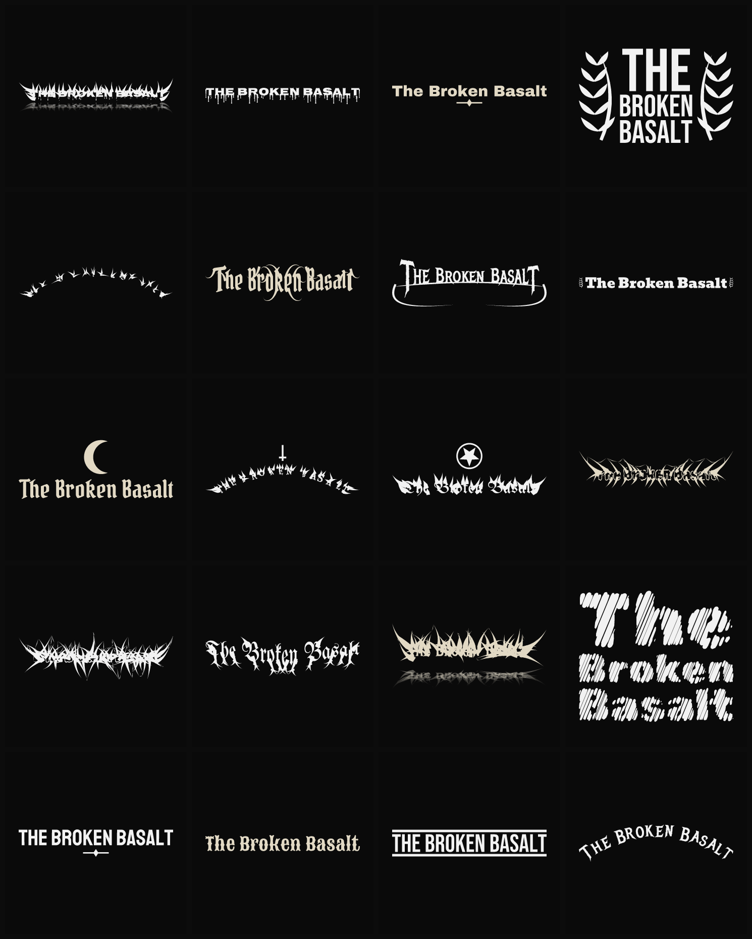 Twenty The Broken Basalt band logo ideas — different faces, treatments and spike settings