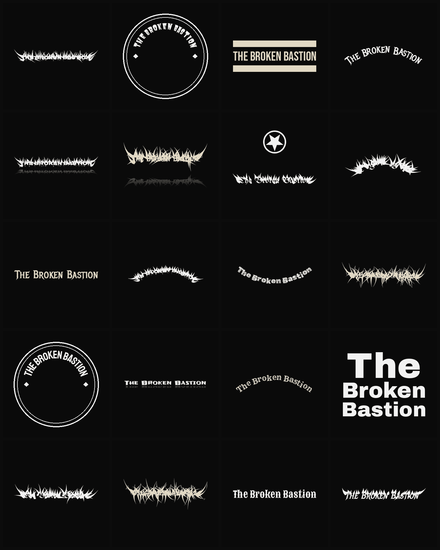 Twenty The Broken Bastion band logo ideas — different faces, treatments and spike settings