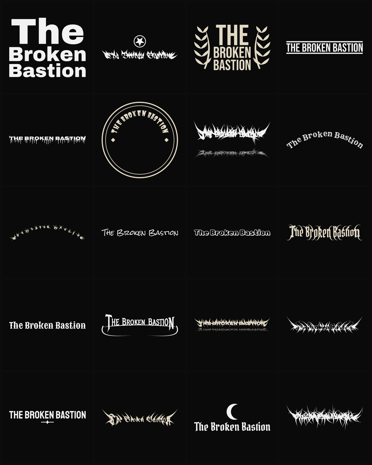 Twenty The Broken Bastion band logo ideas — different faces, treatments and spike settings
