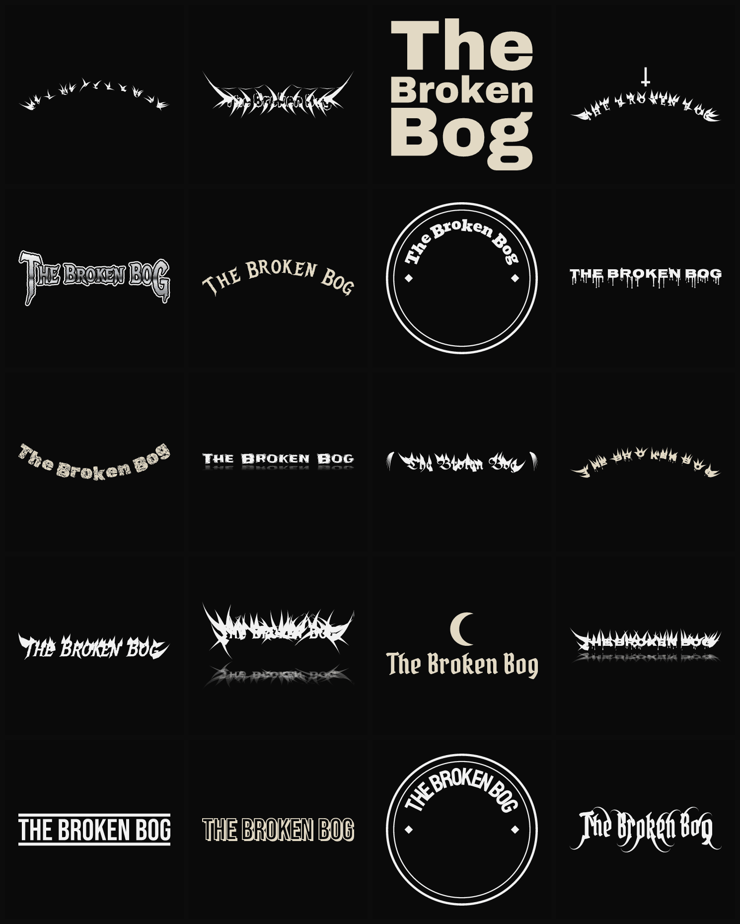 Twenty The Broken Bog band logo ideas — different faces, treatments and spike settings