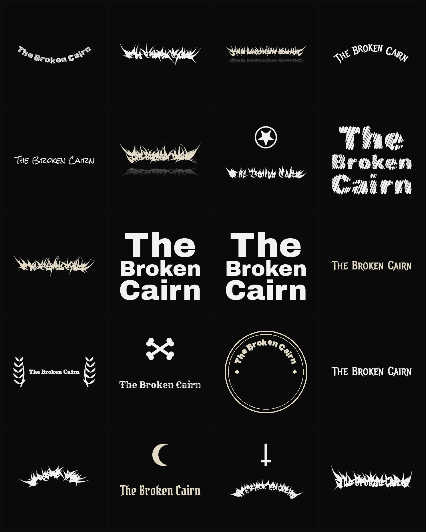 Twenty The Broken Cairn band logo ideas — different faces, treatments and spike settings