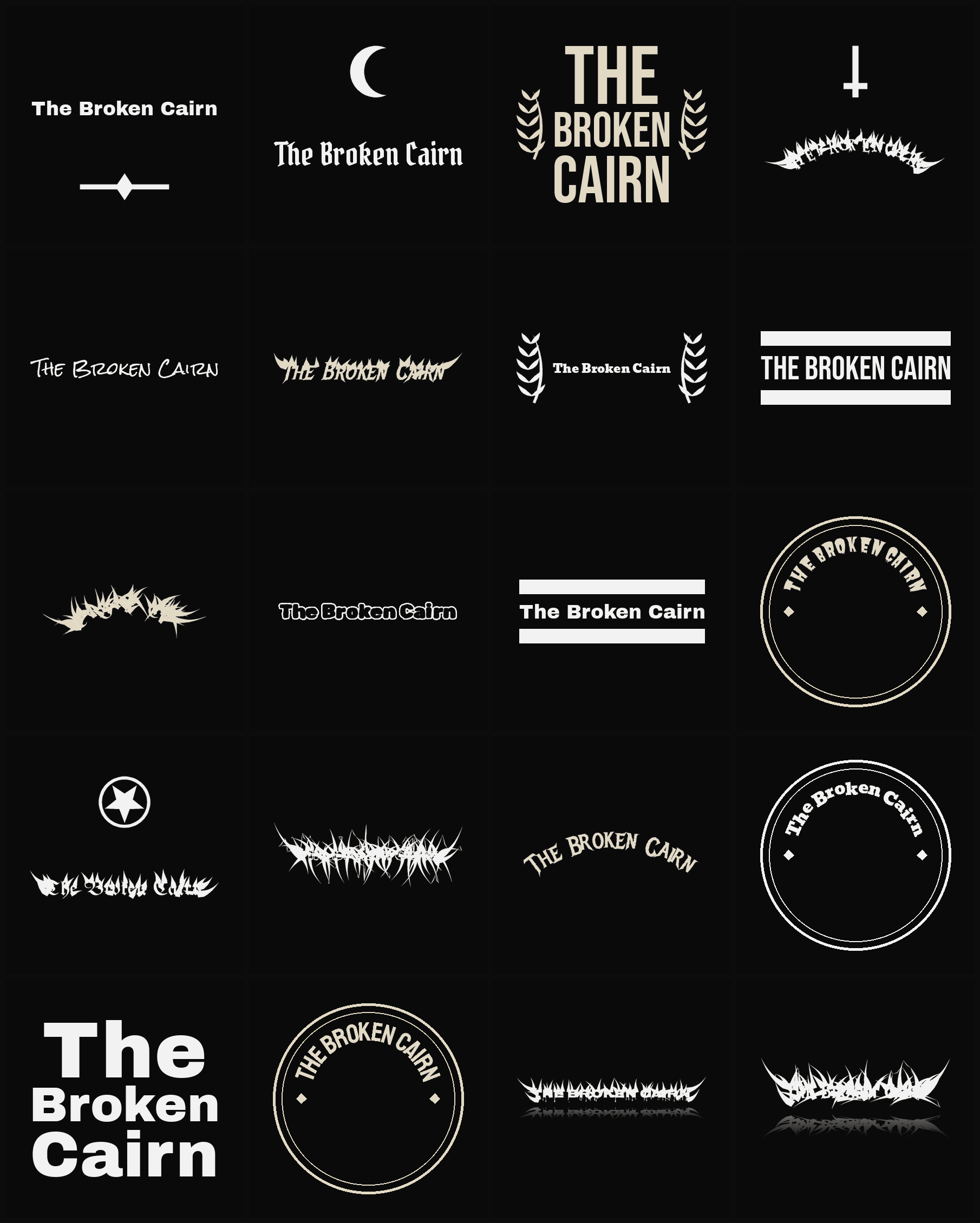 Twenty The Broken Cairn band logo ideas — different faces, treatments and spike settings