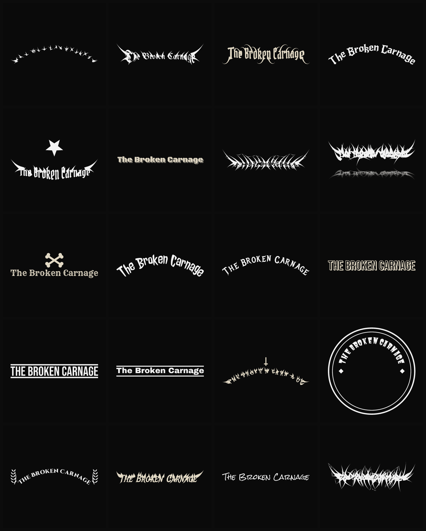 Twenty The Broken Carnage band logo ideas — different faces, treatments and spike settings