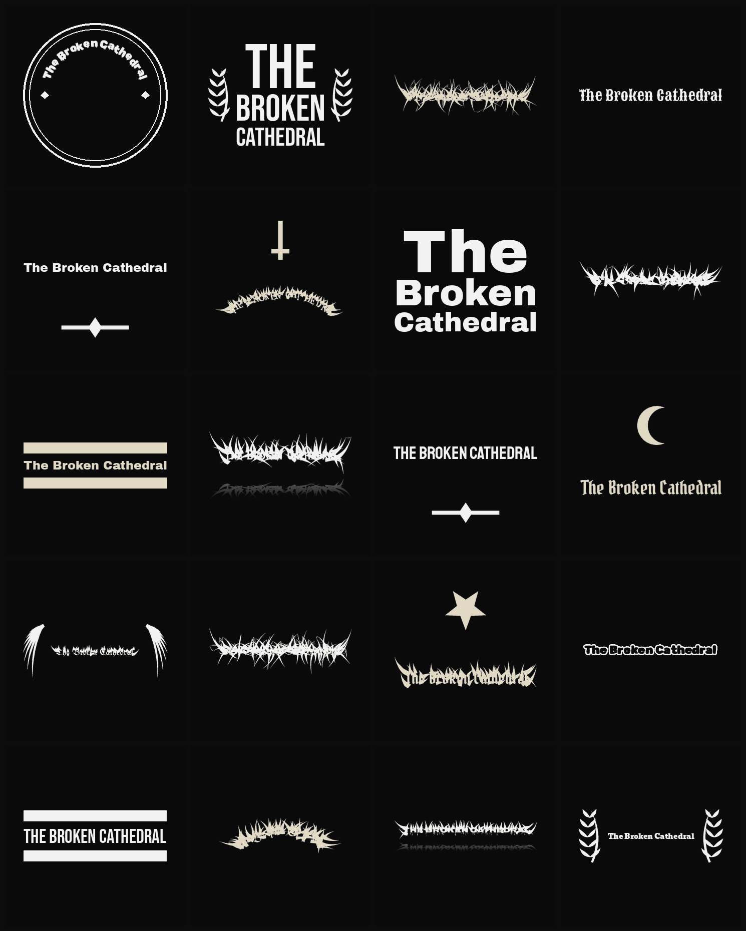 Twenty The Broken Cathedral band logo ideas — different faces, treatments and spike settings