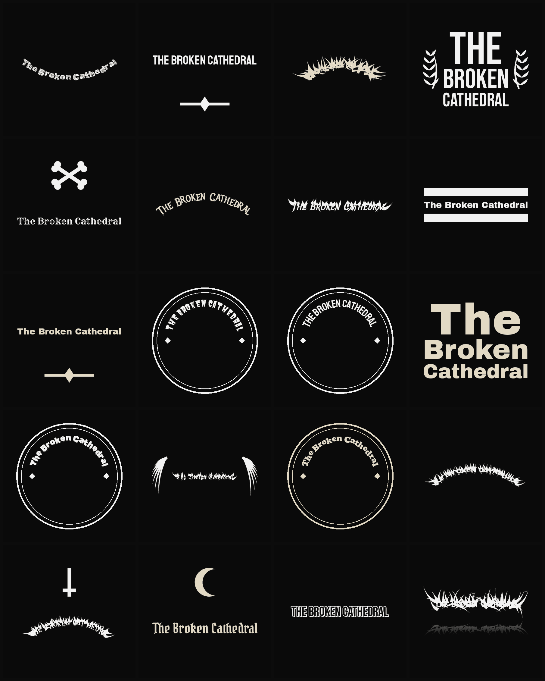 Twenty The Broken Cathedral band logo ideas — different faces, treatments and spike settings