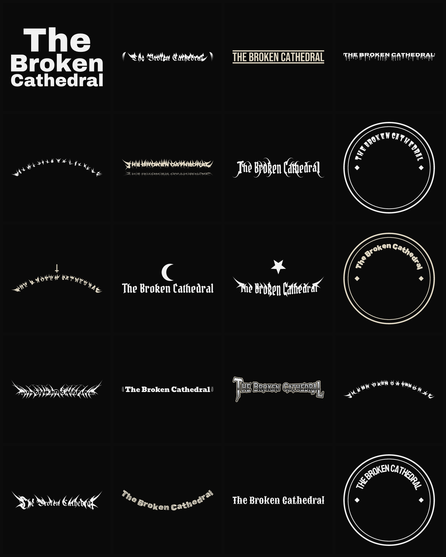 Twenty The Broken Cathedral band logo ideas — different faces, treatments and spike settings