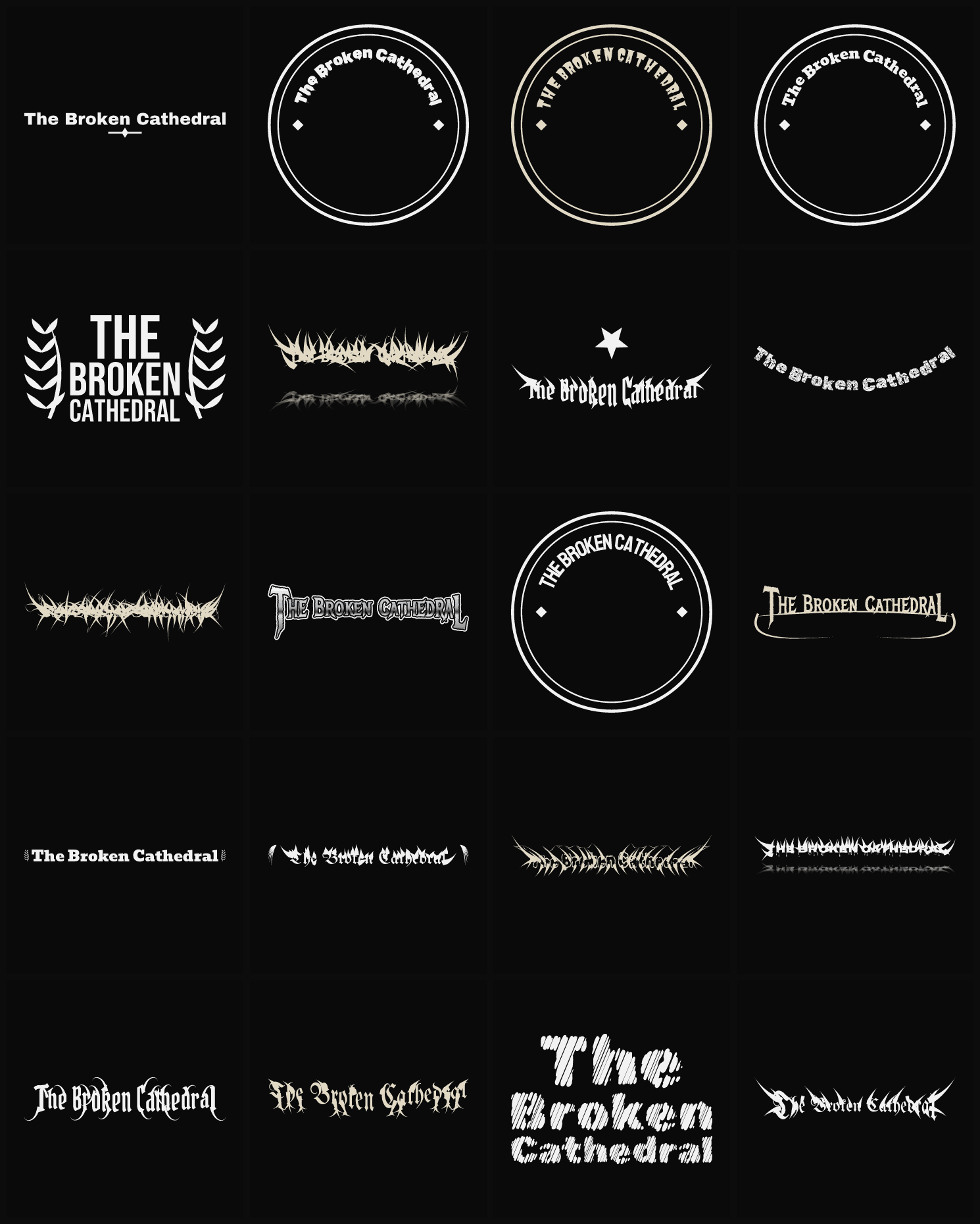 Twenty The Broken Cathedral band logo ideas — different faces, treatments and spike settings