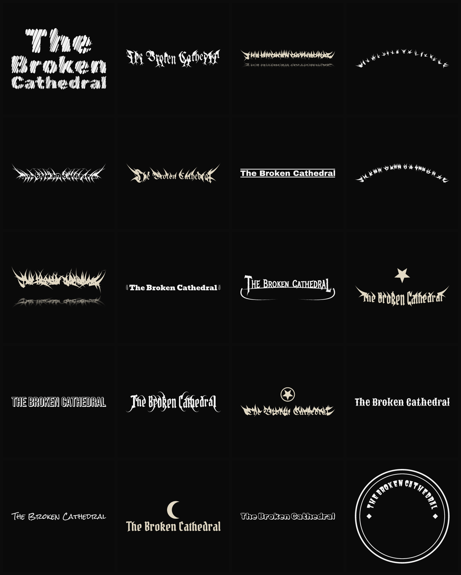 Twenty The Broken Cathedral band logo ideas — different faces, treatments and spike settings