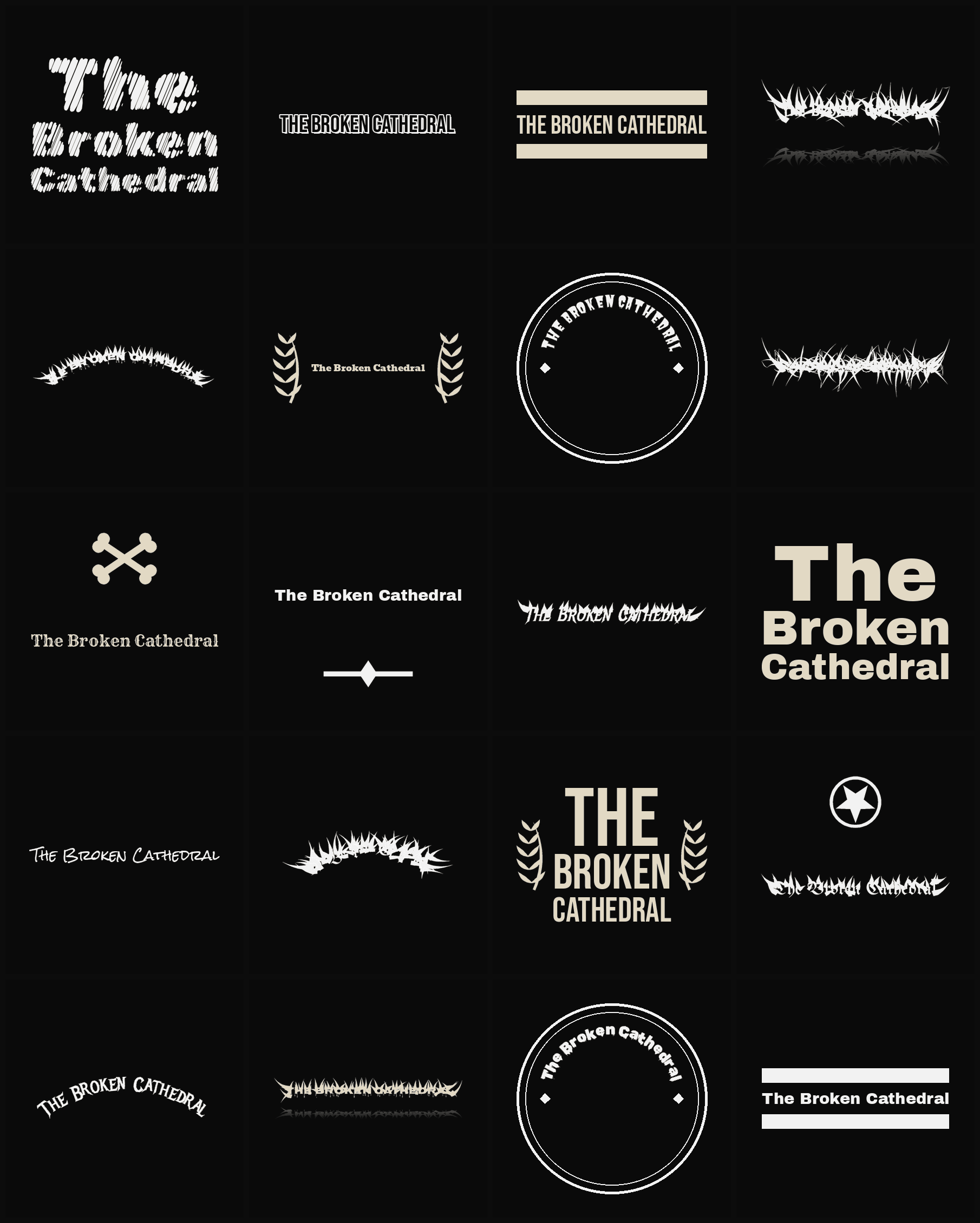 Twenty The Broken Cathedral band logo ideas — different faces, treatments and spike settings