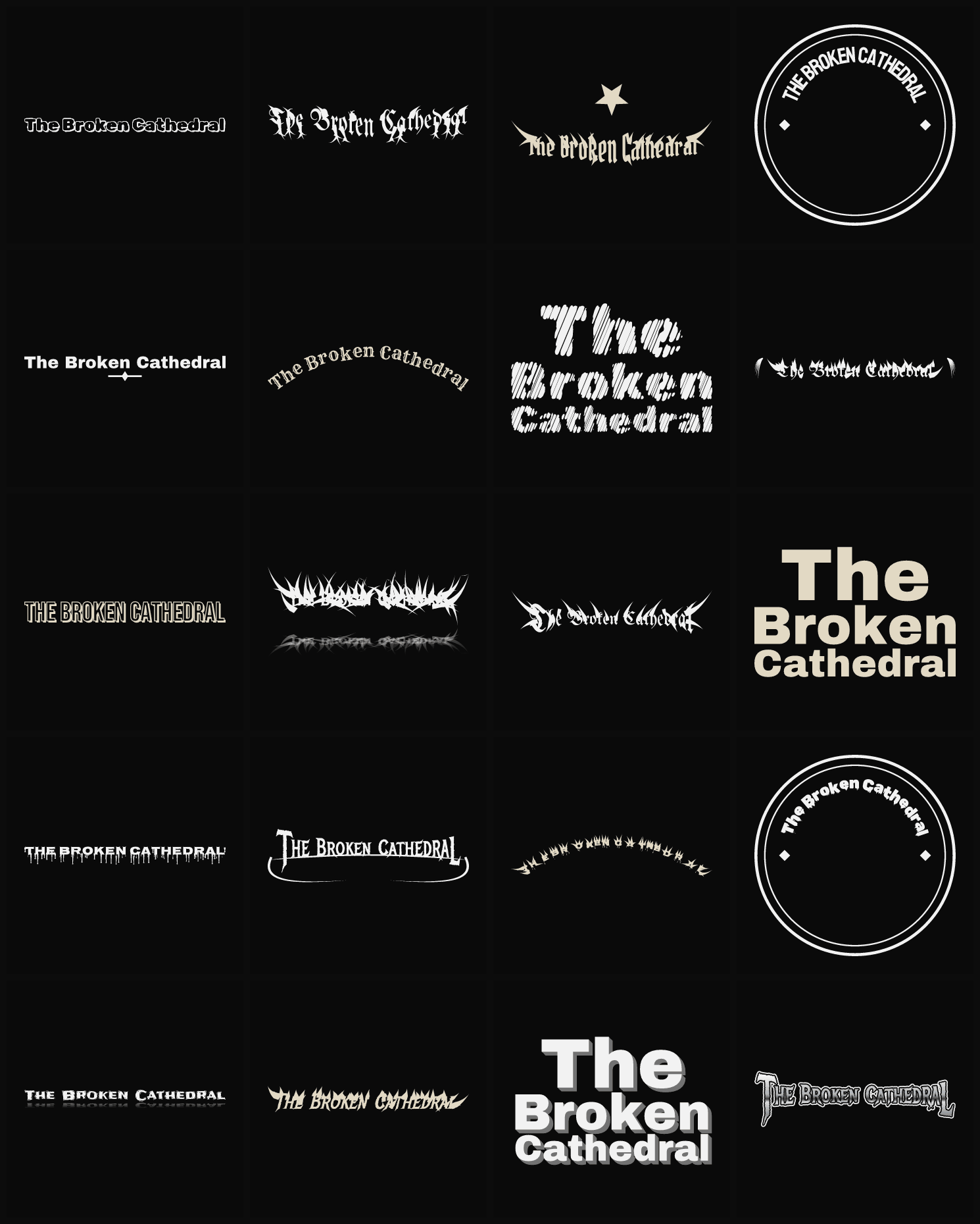Twenty The Broken Cathedral band logo ideas — different faces, treatments and spike settings