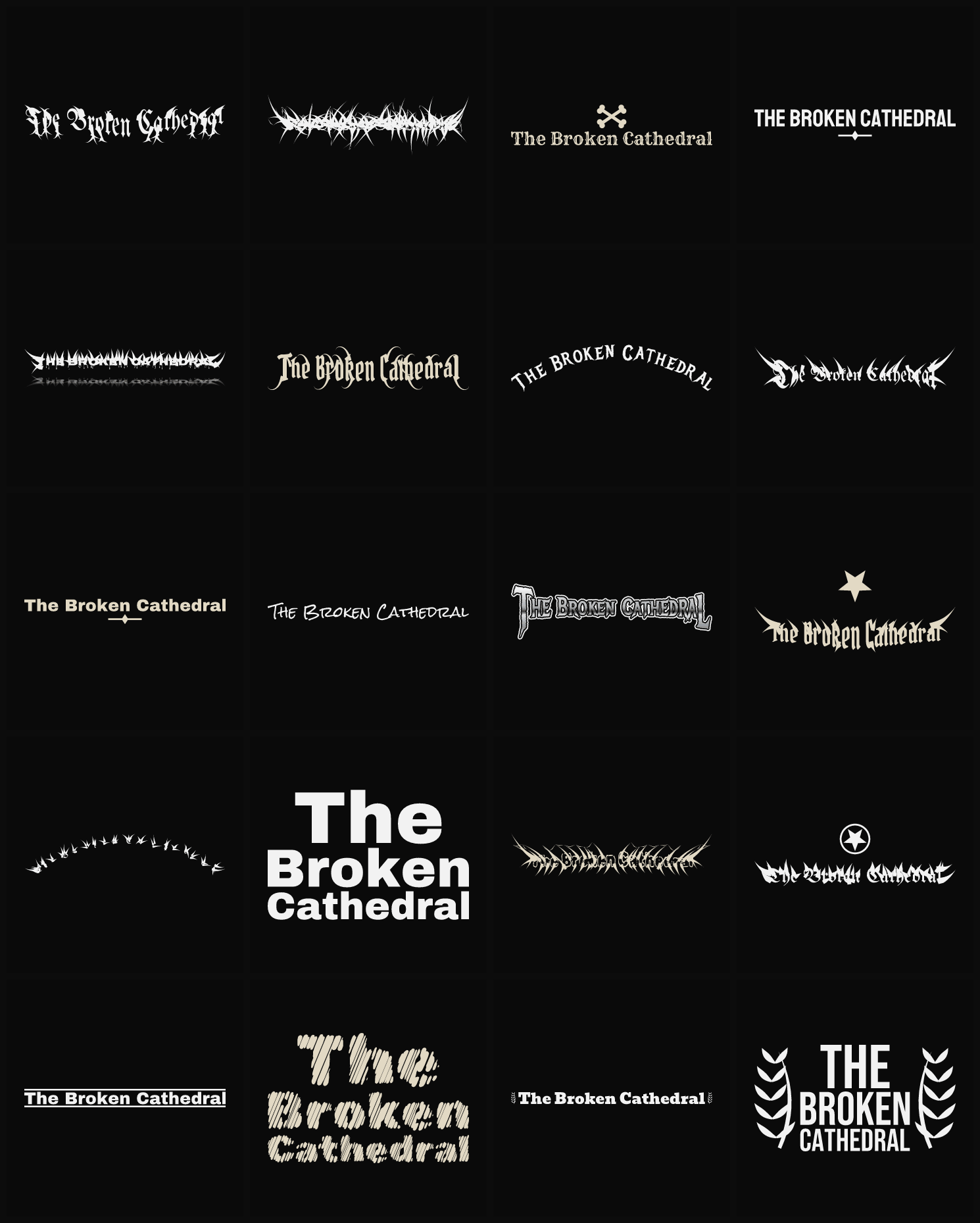 Twenty The Broken Cathedral band logo ideas — different faces, treatments and spike settings