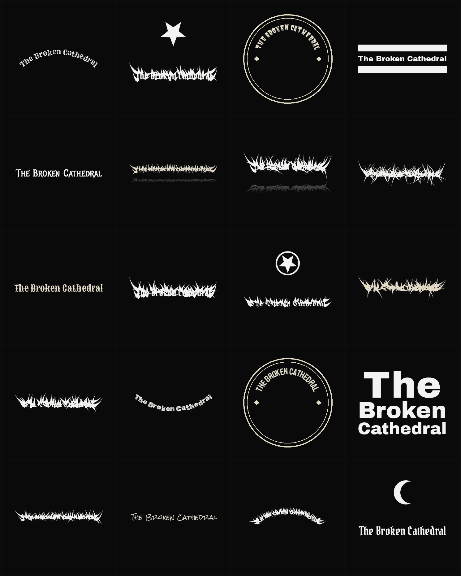 Twenty The Broken Cathedral band logo ideas — different faces, treatments and spike settings