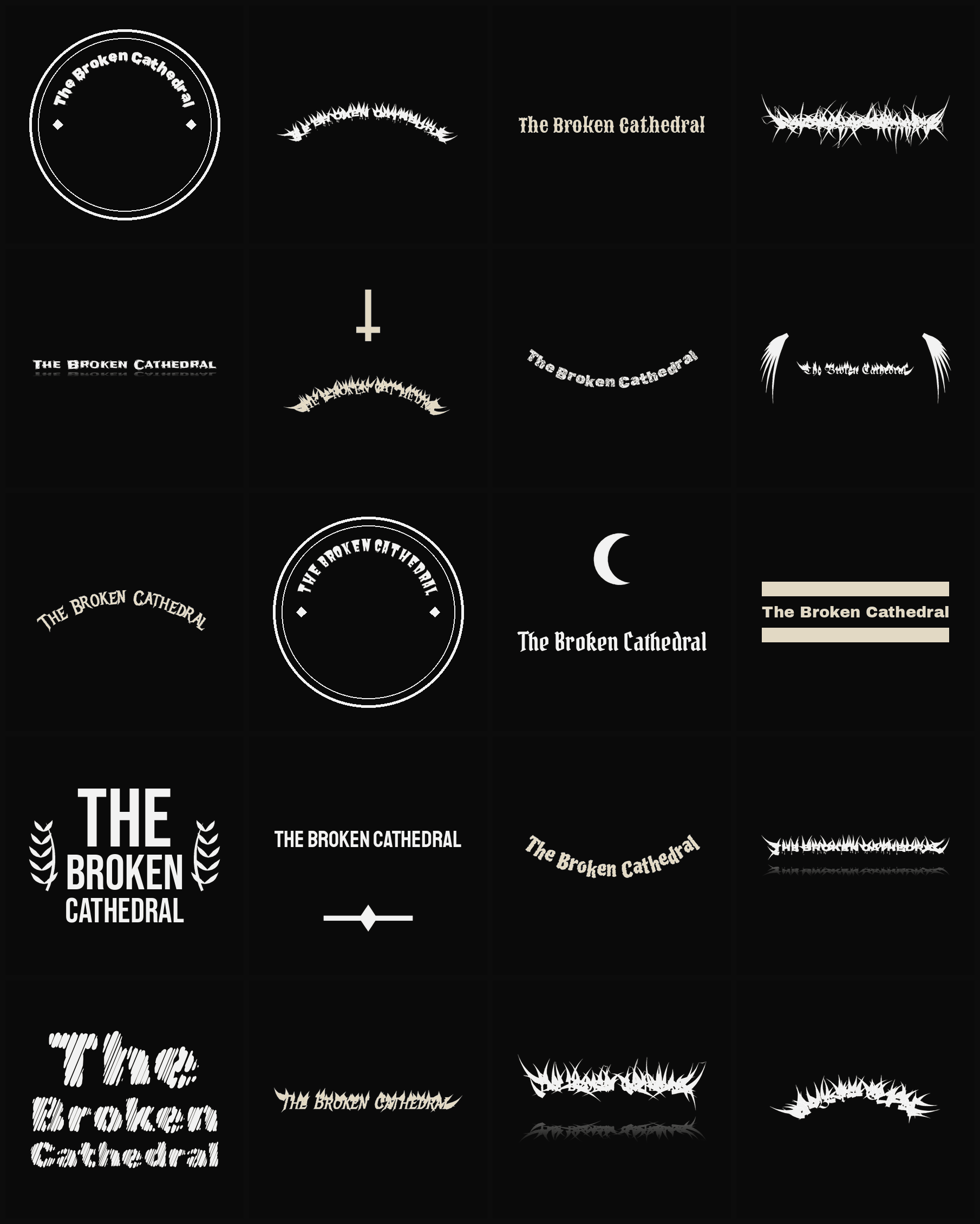 Twenty The Broken Cathedral band logo ideas — different faces, treatments and spike settings
