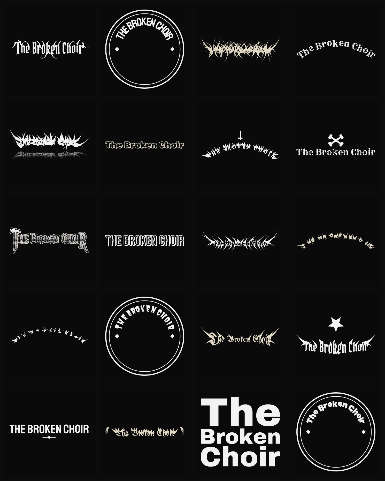 Twenty The Broken Choir band logo ideas — different faces, treatments and spike settings