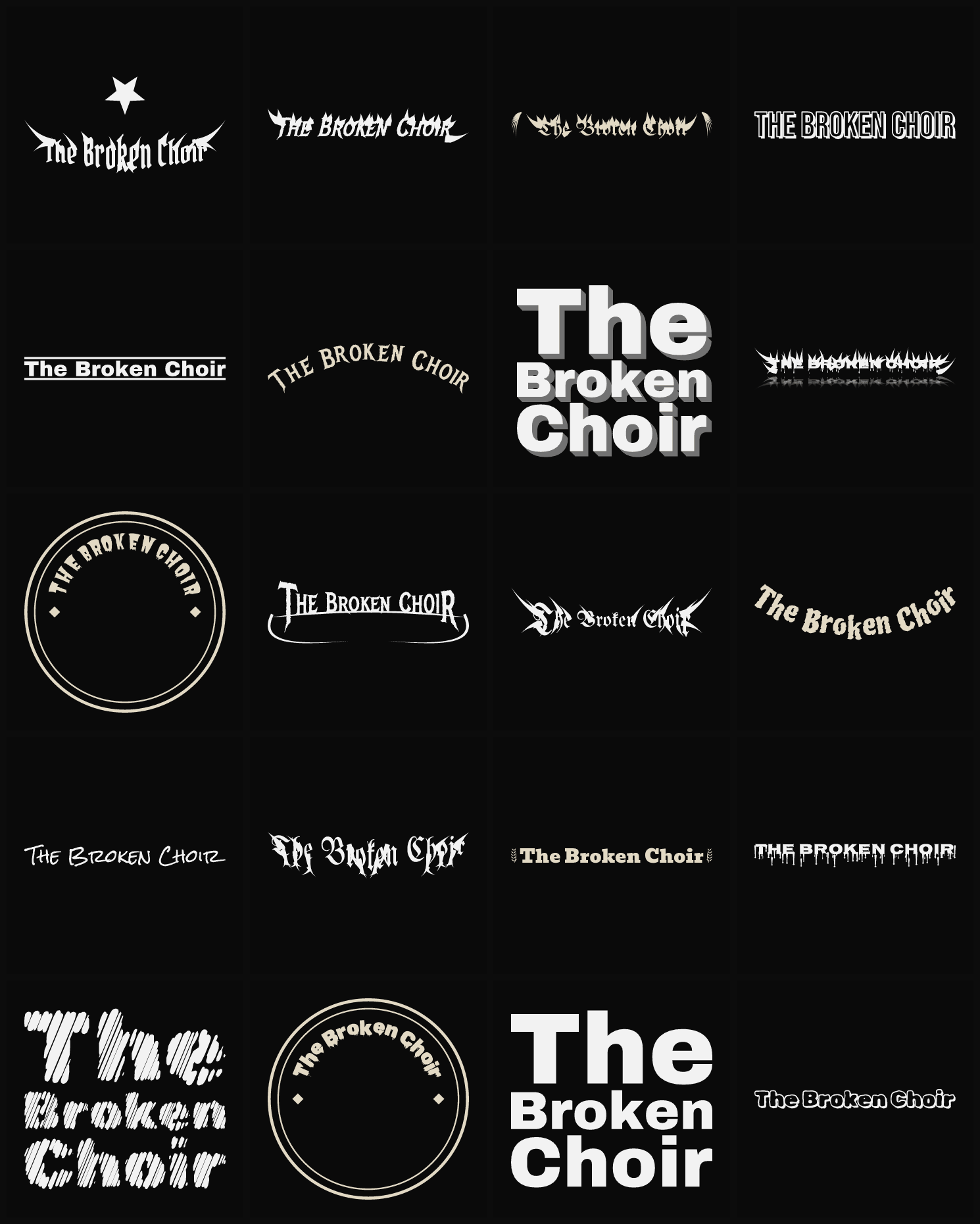 Twenty The Broken Choir band logo ideas — different faces, treatments and spike settings