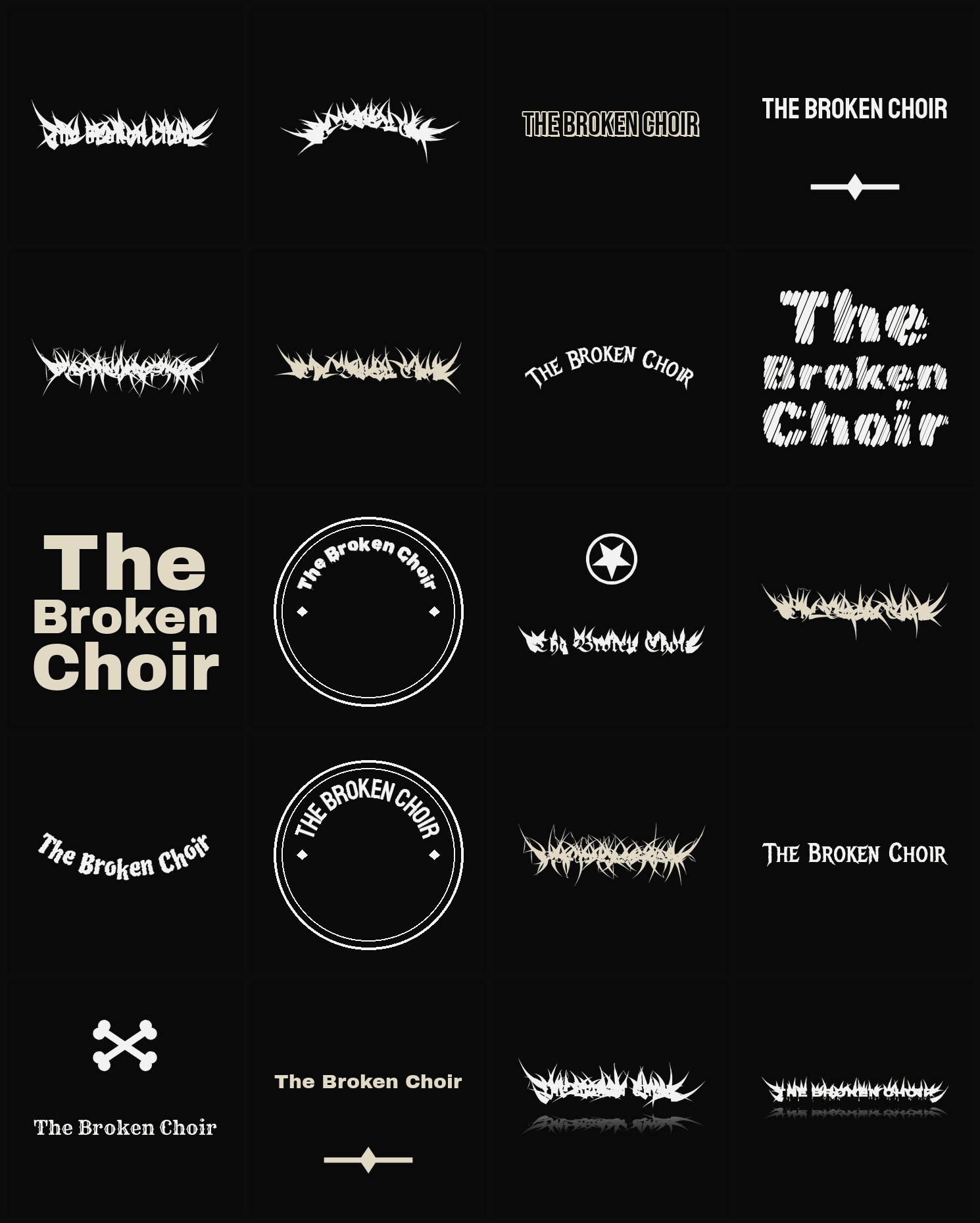 Twenty The Broken Choir band logo ideas — different faces, treatments and spike settings