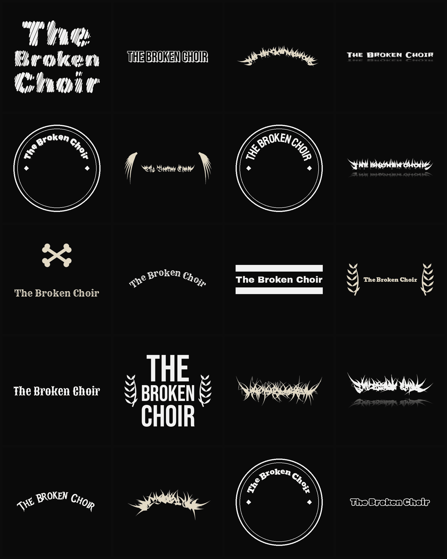 Twenty The Broken Choir band logo ideas — different faces, treatments and spike settings