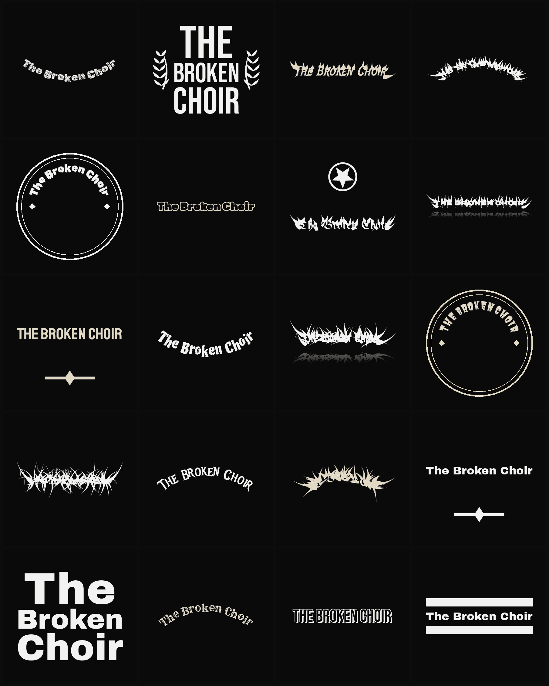 Twenty The Broken Choir band logo ideas — different faces, treatments and spike settings