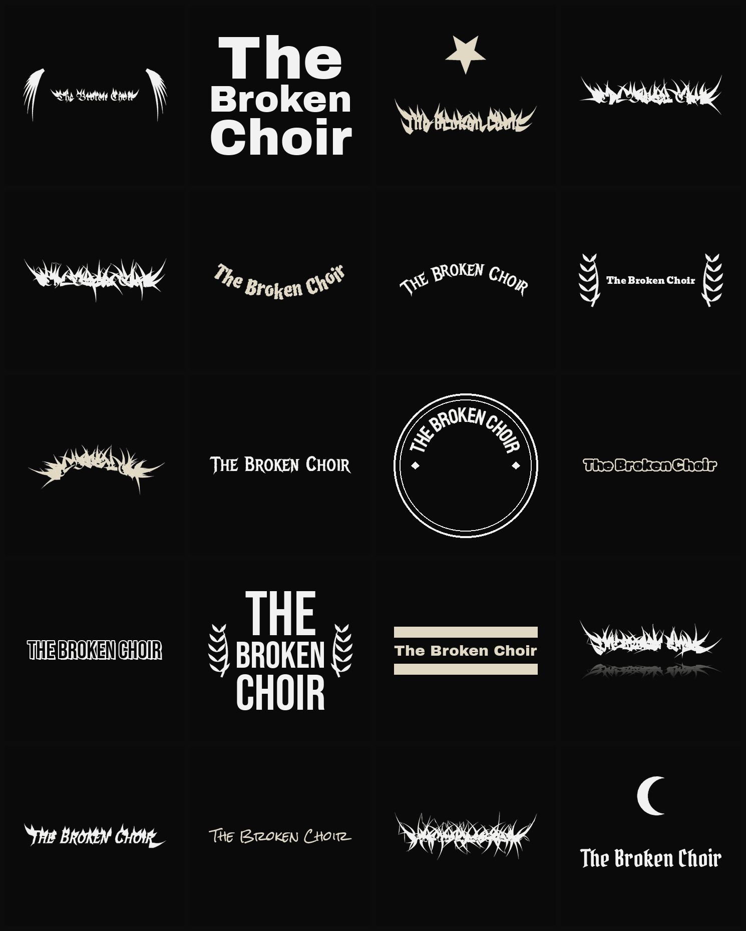 Twenty The Broken Choir band logo ideas — different faces, treatments and spike settings