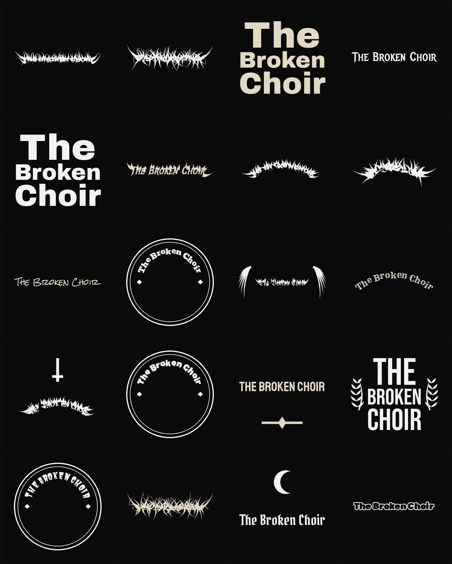 Twenty The Broken Choir band logo ideas — different faces, treatments and spike settings