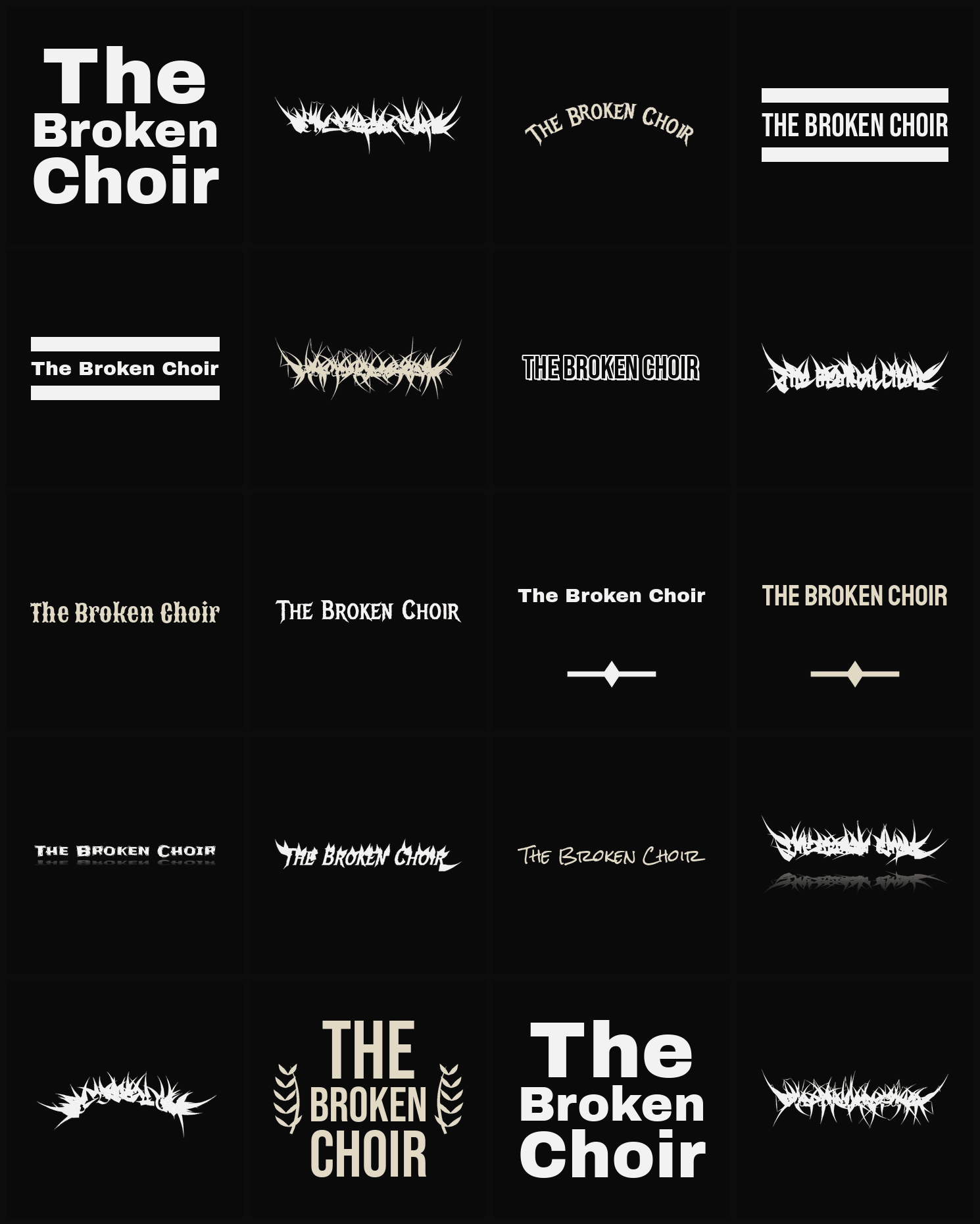 Twenty The Broken Choir band logo ideas — different faces, treatments and spike settings