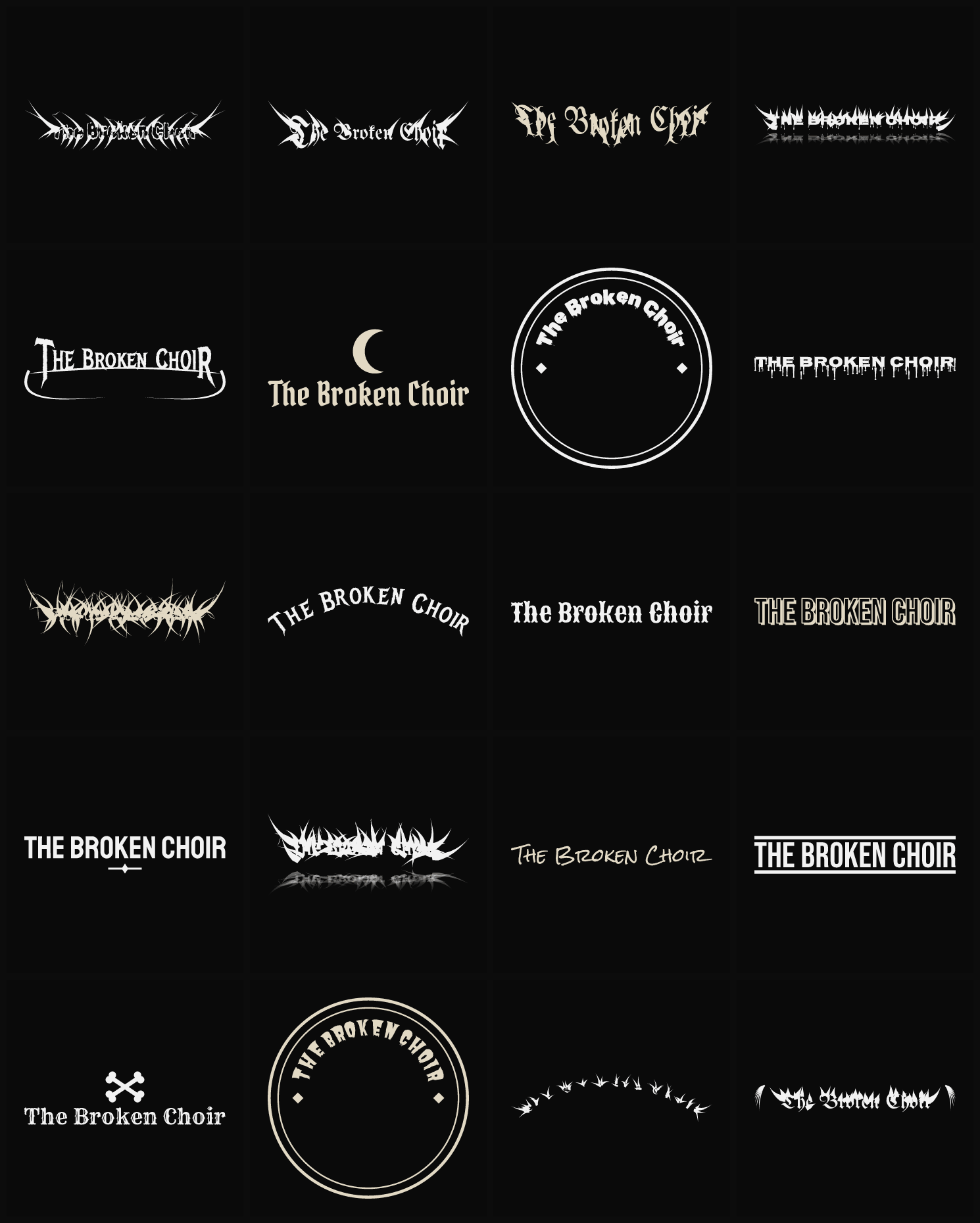 Twenty The Broken Choir band logo ideas — different faces, treatments and spike settings