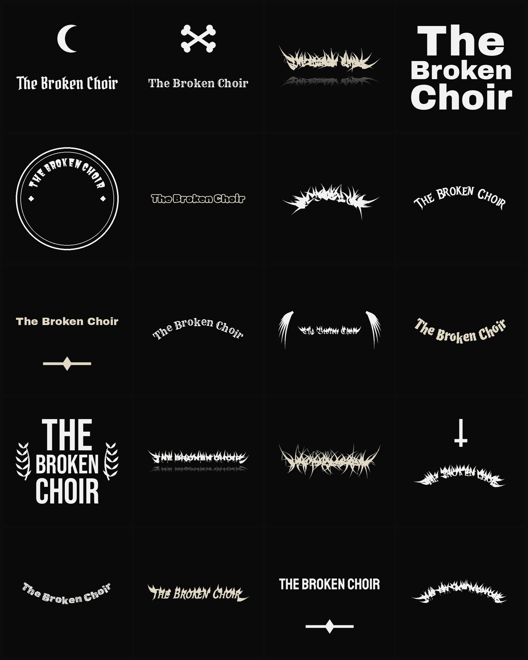 Twenty The Broken Choir band logo ideas — different faces, treatments and spike settings