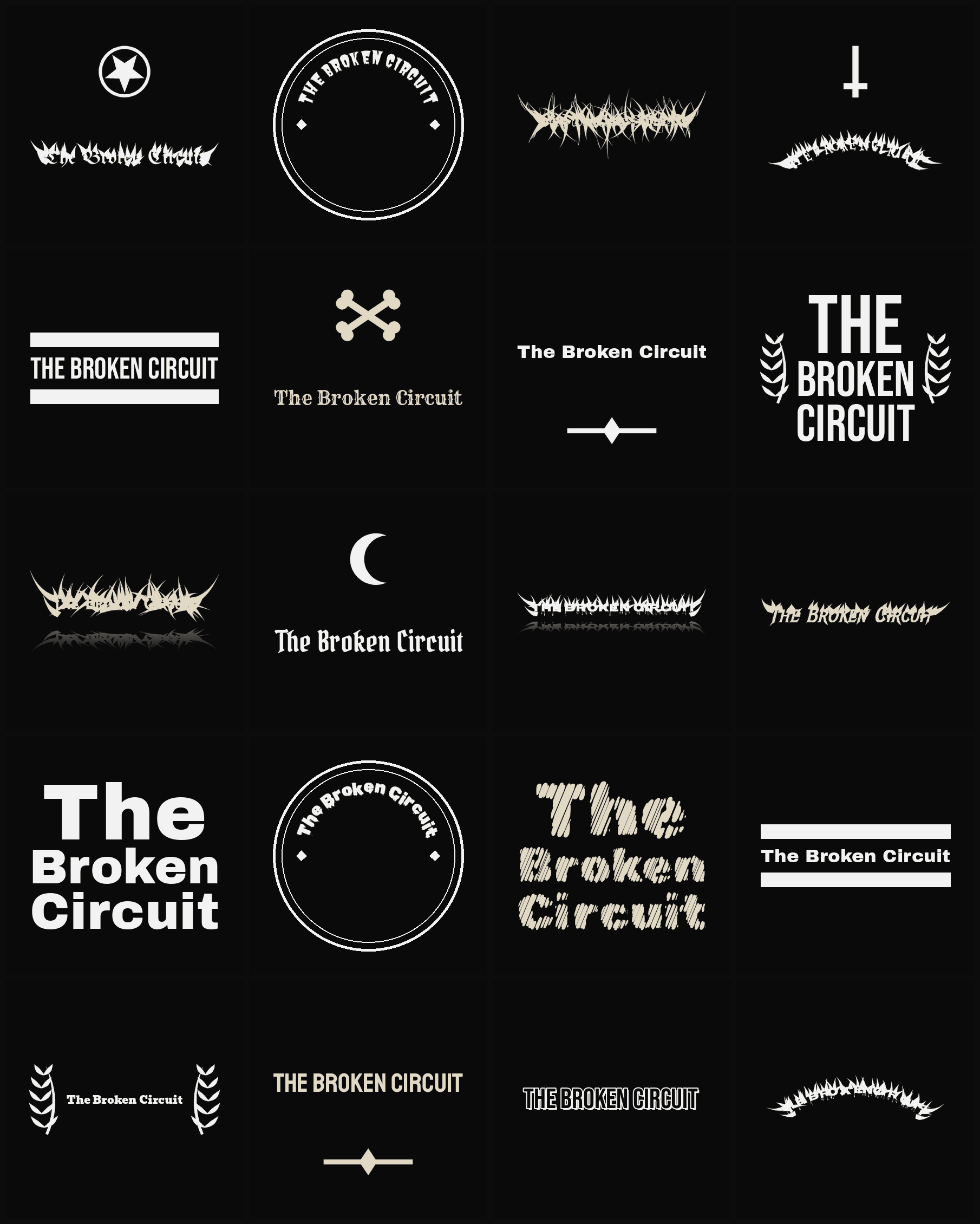 Twenty The Broken Circuit band logo ideas — different faces, treatments and spike settings