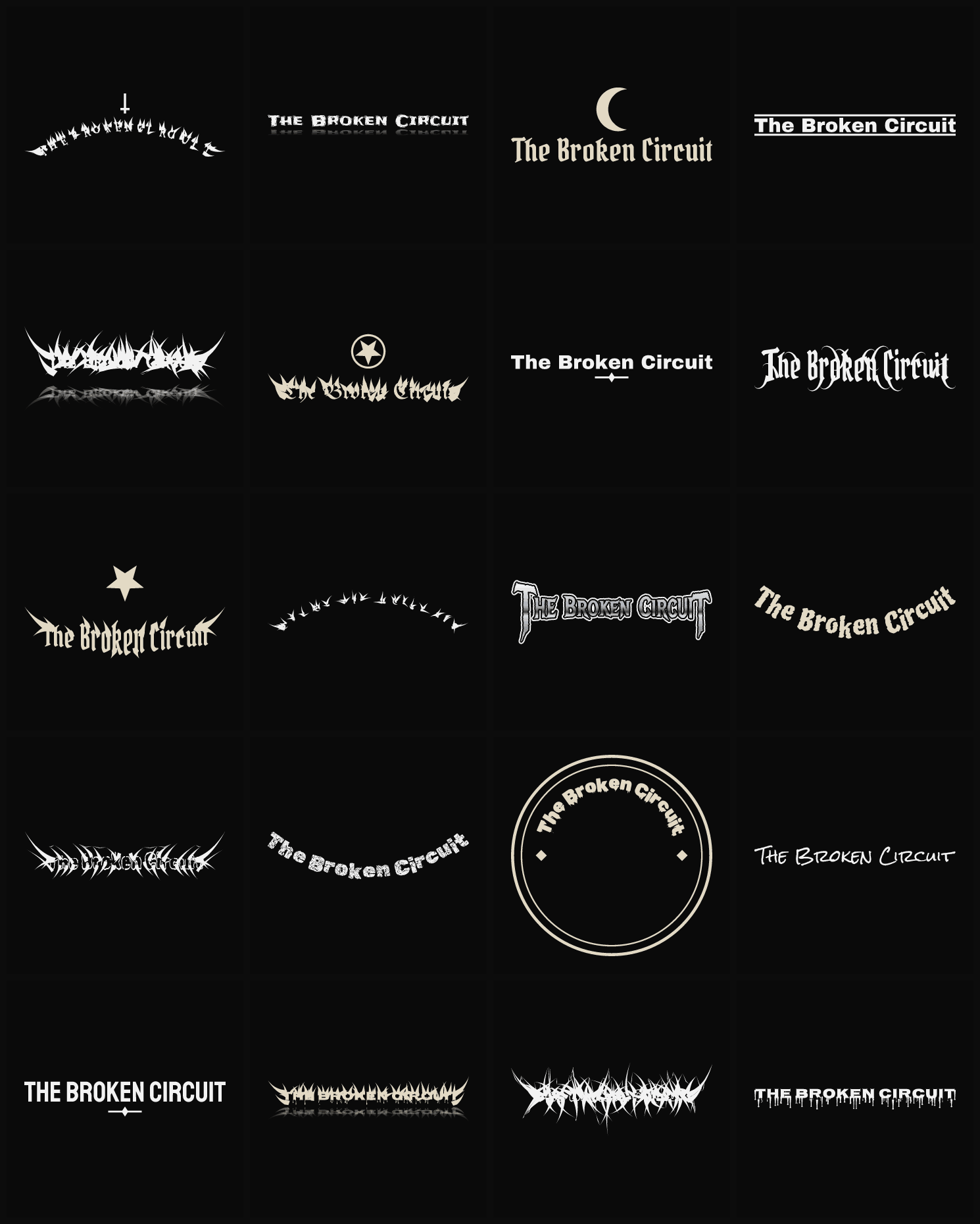 Twenty The Broken Circuit band logo ideas — different faces, treatments and spike settings
