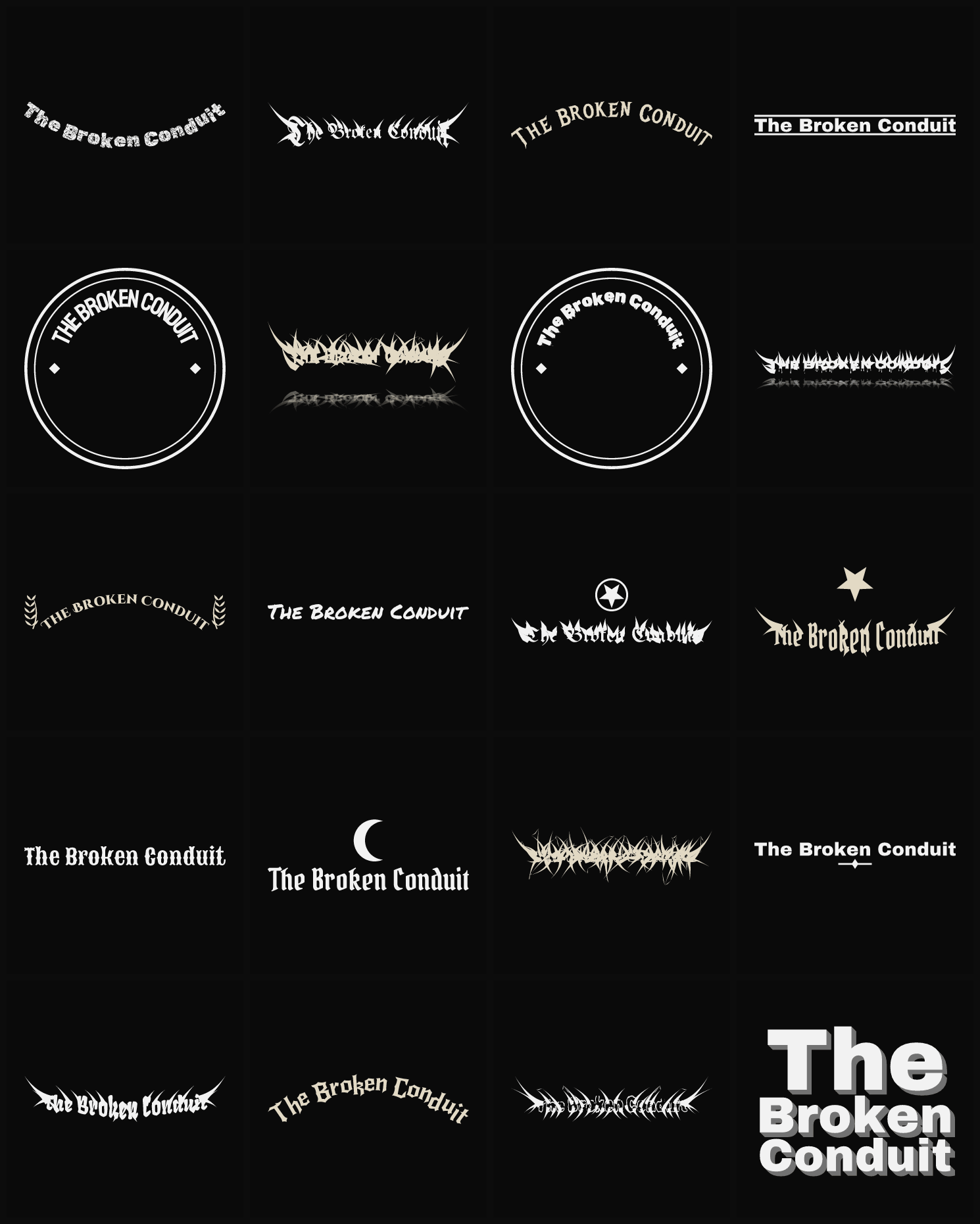 Twenty The Broken Conduit band logo ideas — different faces, treatments and spike settings