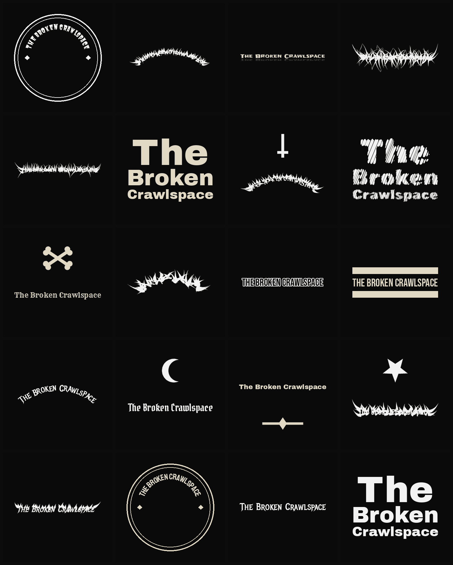 Twenty The Broken Crawlspace band logo ideas — different faces, treatments and spike settings