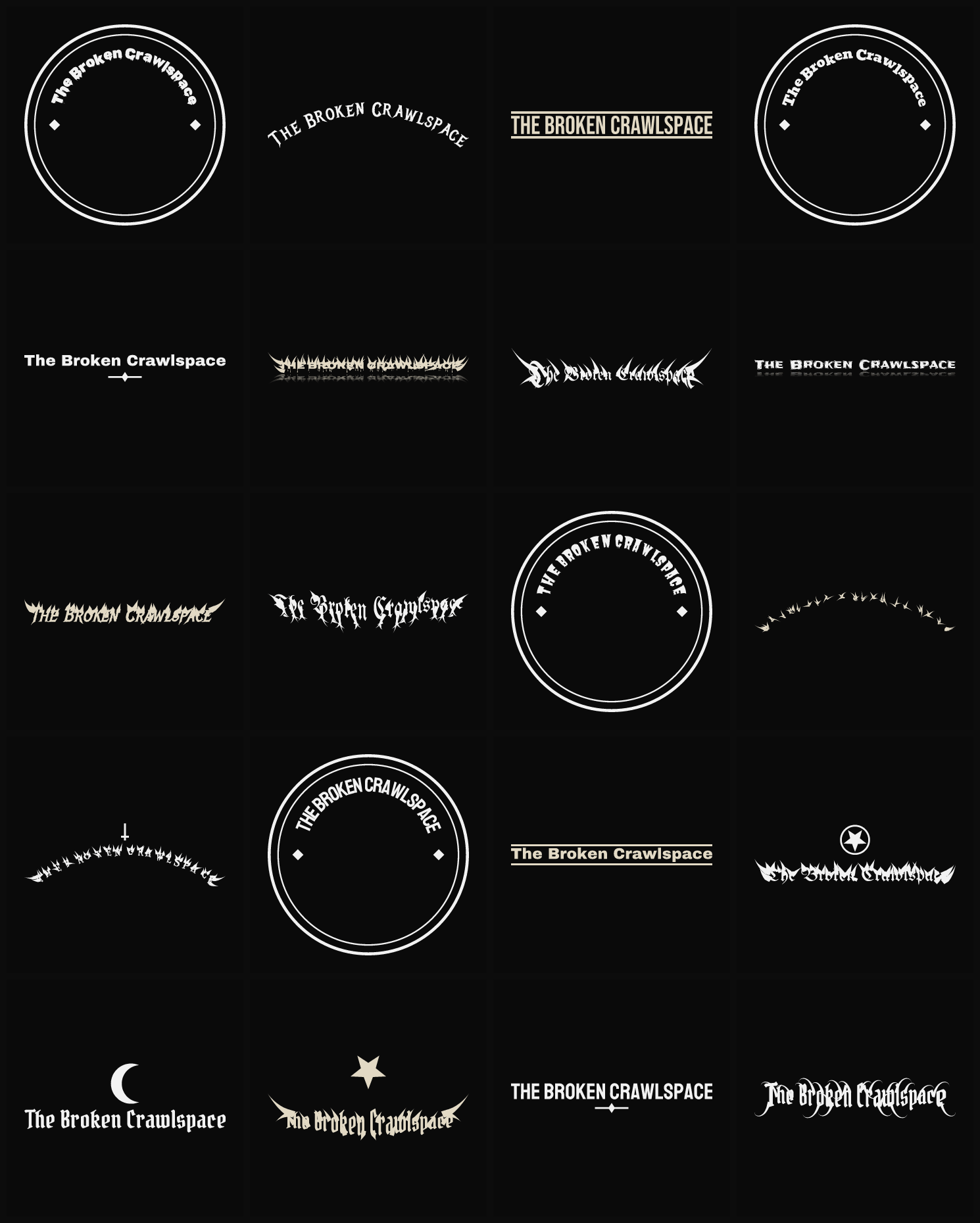 Twenty The Broken Crawlspace band logo ideas — different faces, treatments and spike settings