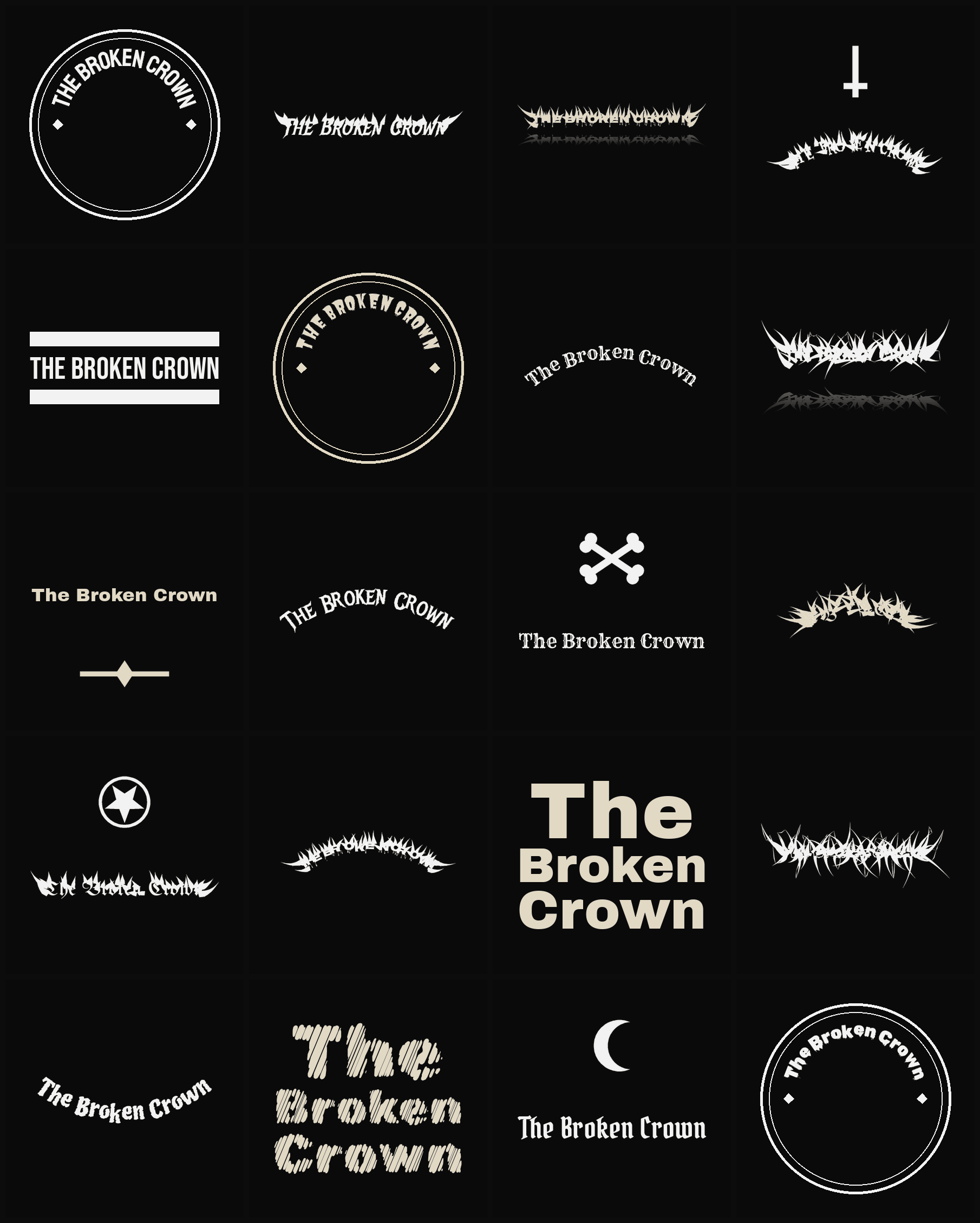 Twenty The Broken Crown band logo ideas — different faces, treatments and spike settings