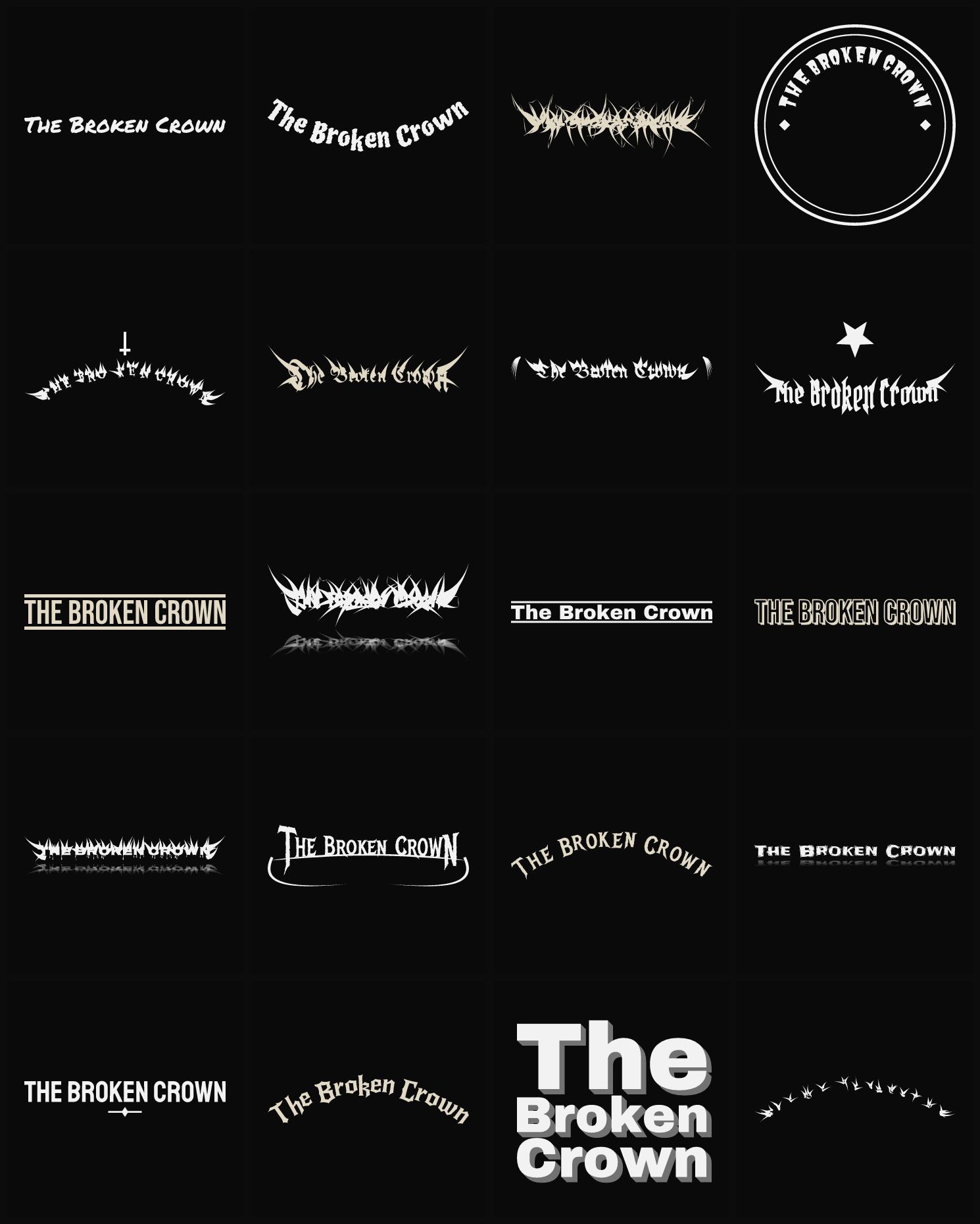 Twenty The Broken Crown band logo ideas — different faces, treatments and spike settings