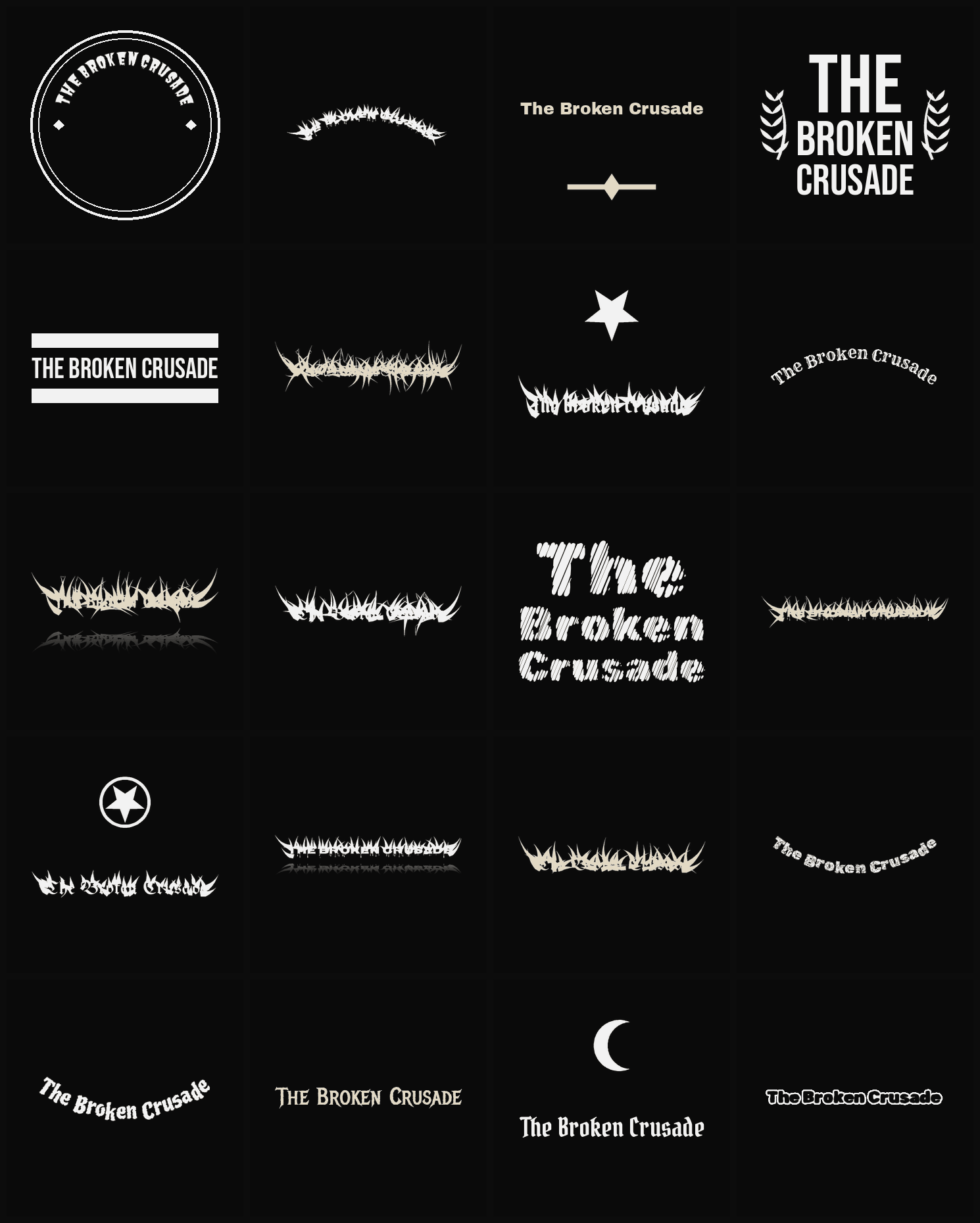 Twenty The Broken Crusade band logo ideas — different faces, treatments and spike settings