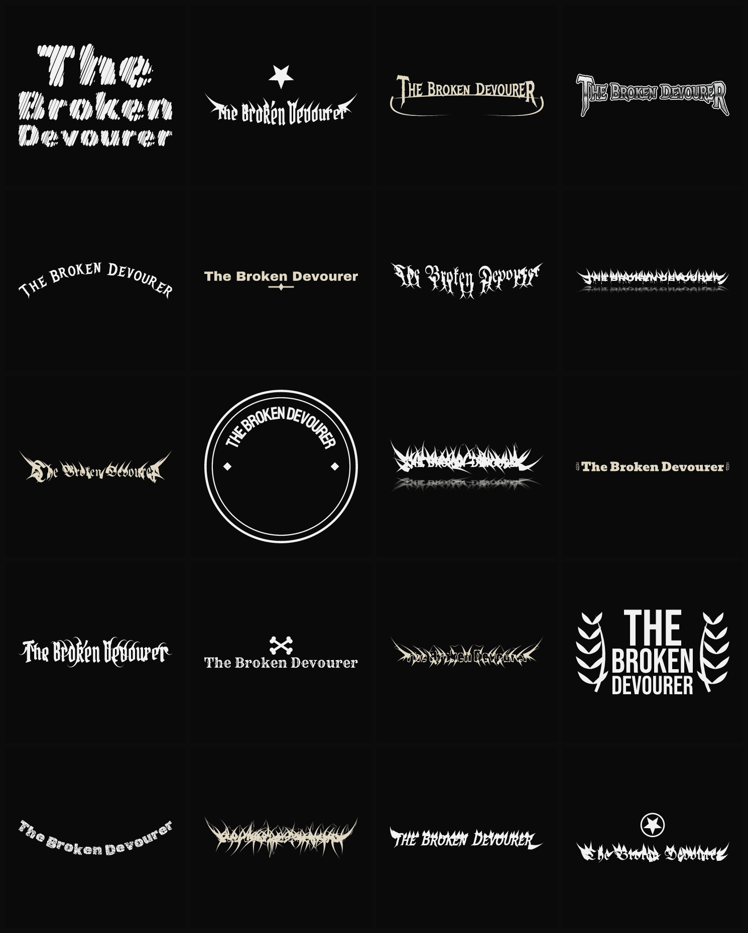 Twenty The Broken Devourer band logo ideas — different faces, treatments and spike settings