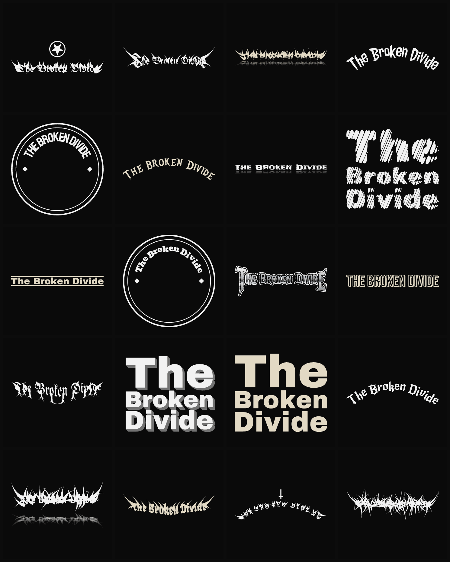 Twenty The Broken Divide band logo ideas — different faces, treatments and spike settings