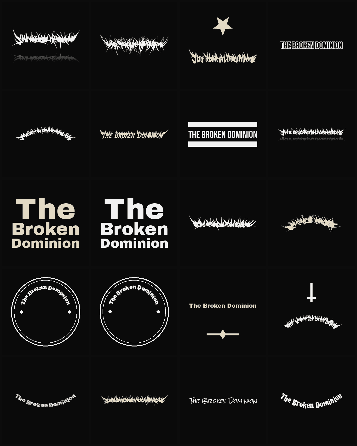 Twenty The Broken Dominion band logo ideas — different faces, treatments and spike settings