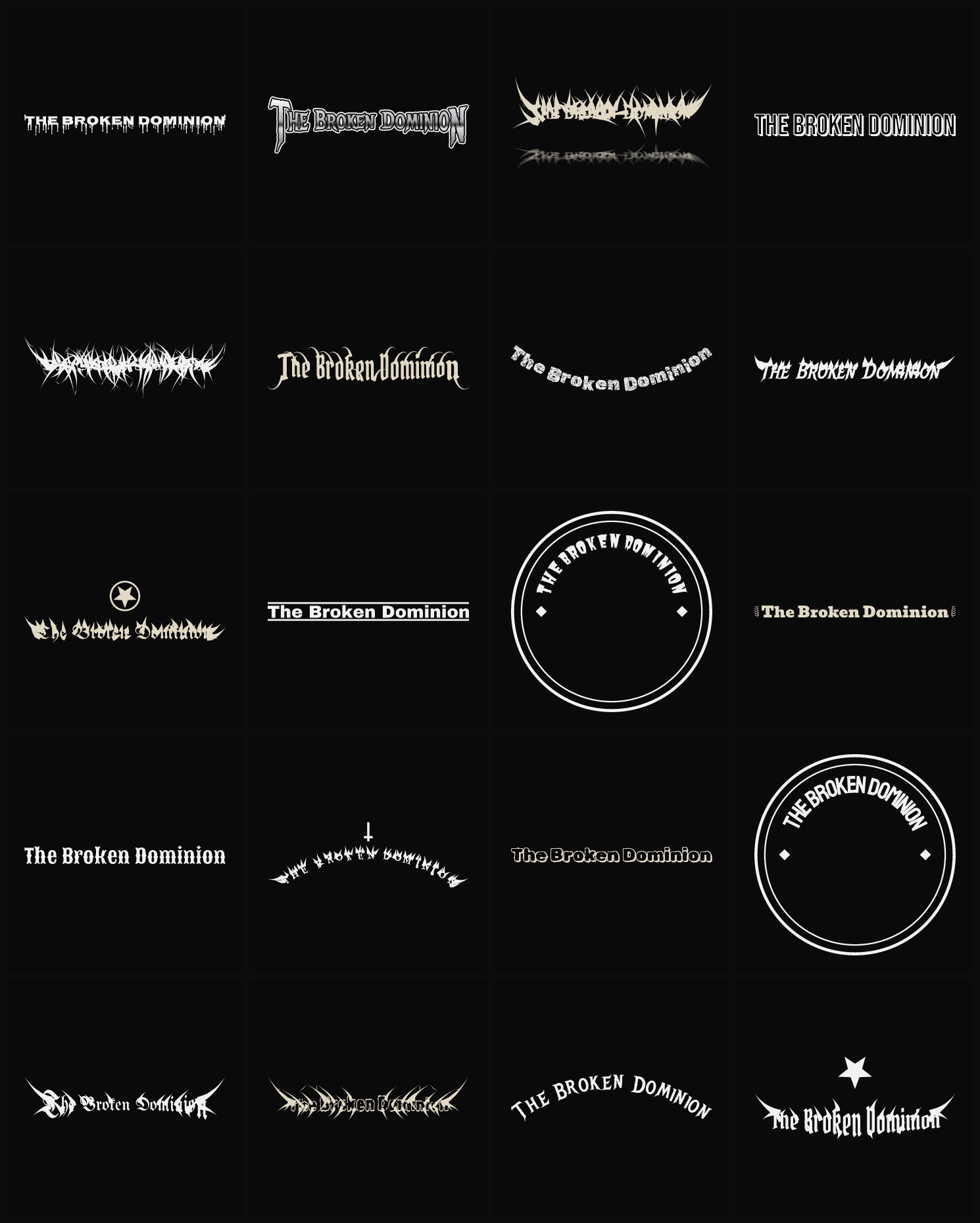 Twenty The Broken Dominion band logo ideas — different faces, treatments and spike settings