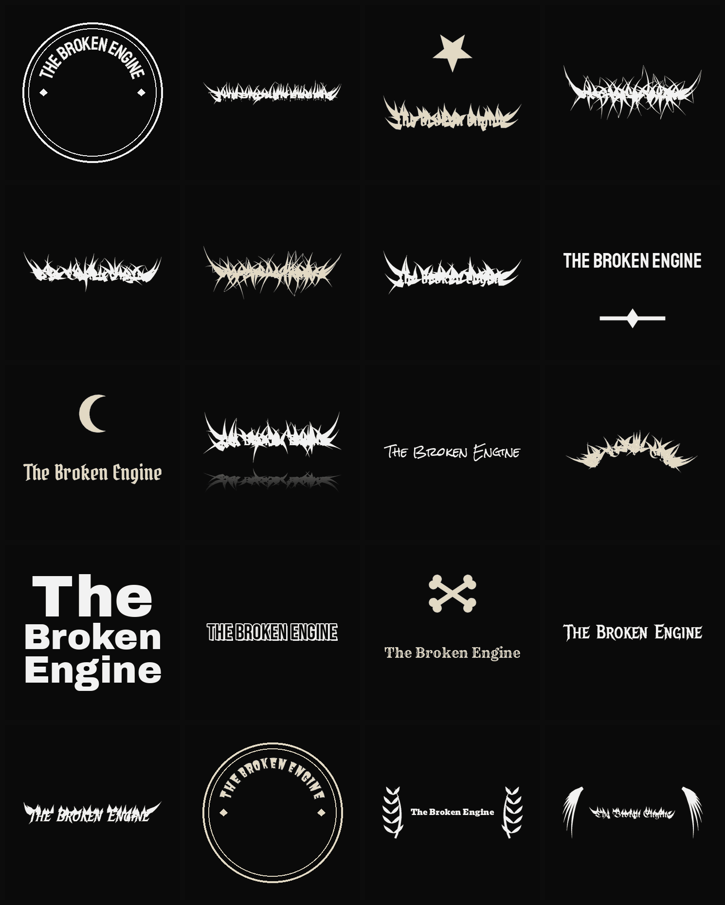 Twenty The Broken Engine band logo ideas — different faces, treatments and spike settings