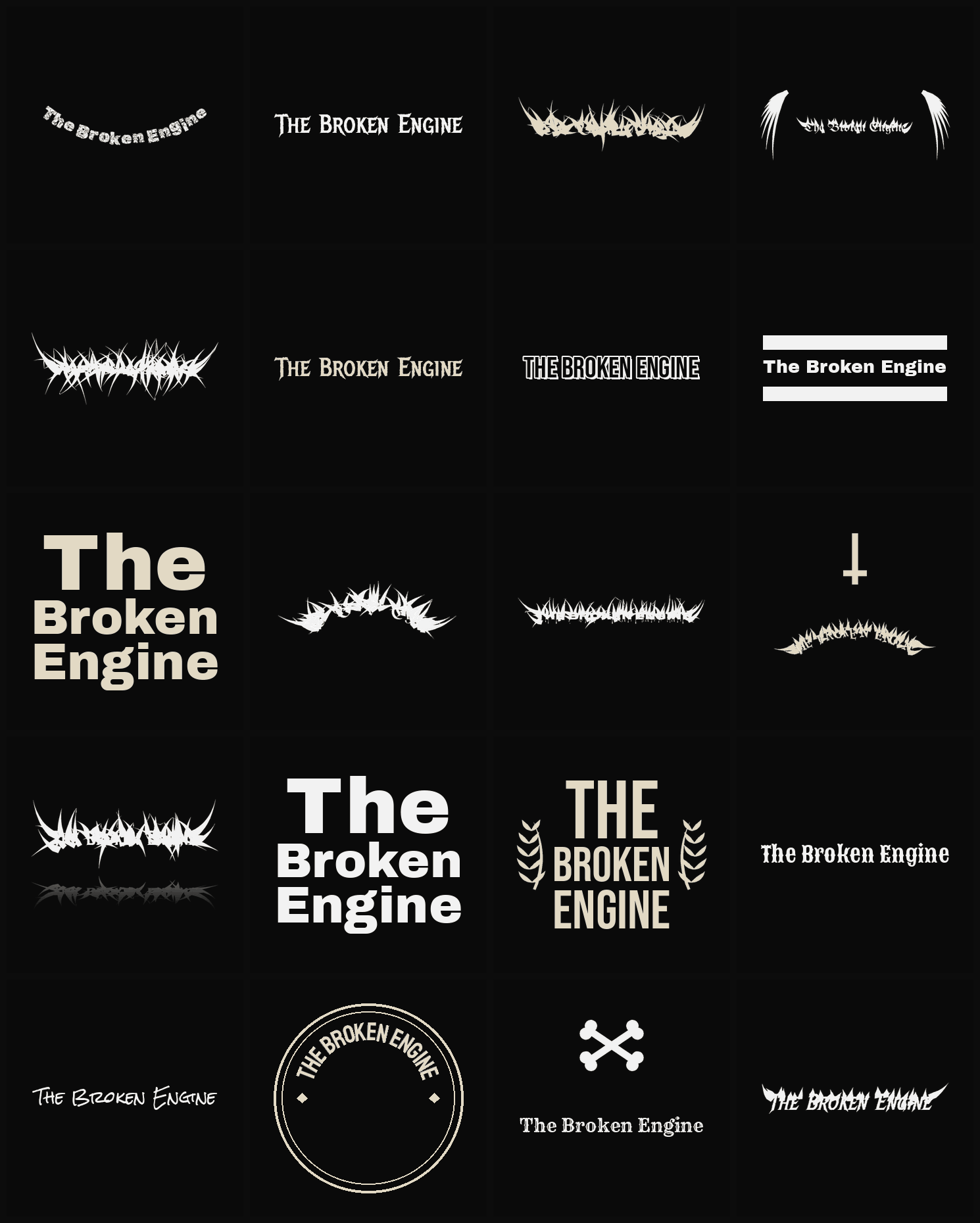 Twenty The Broken Engine band logo ideas — different faces, treatments and spike settings