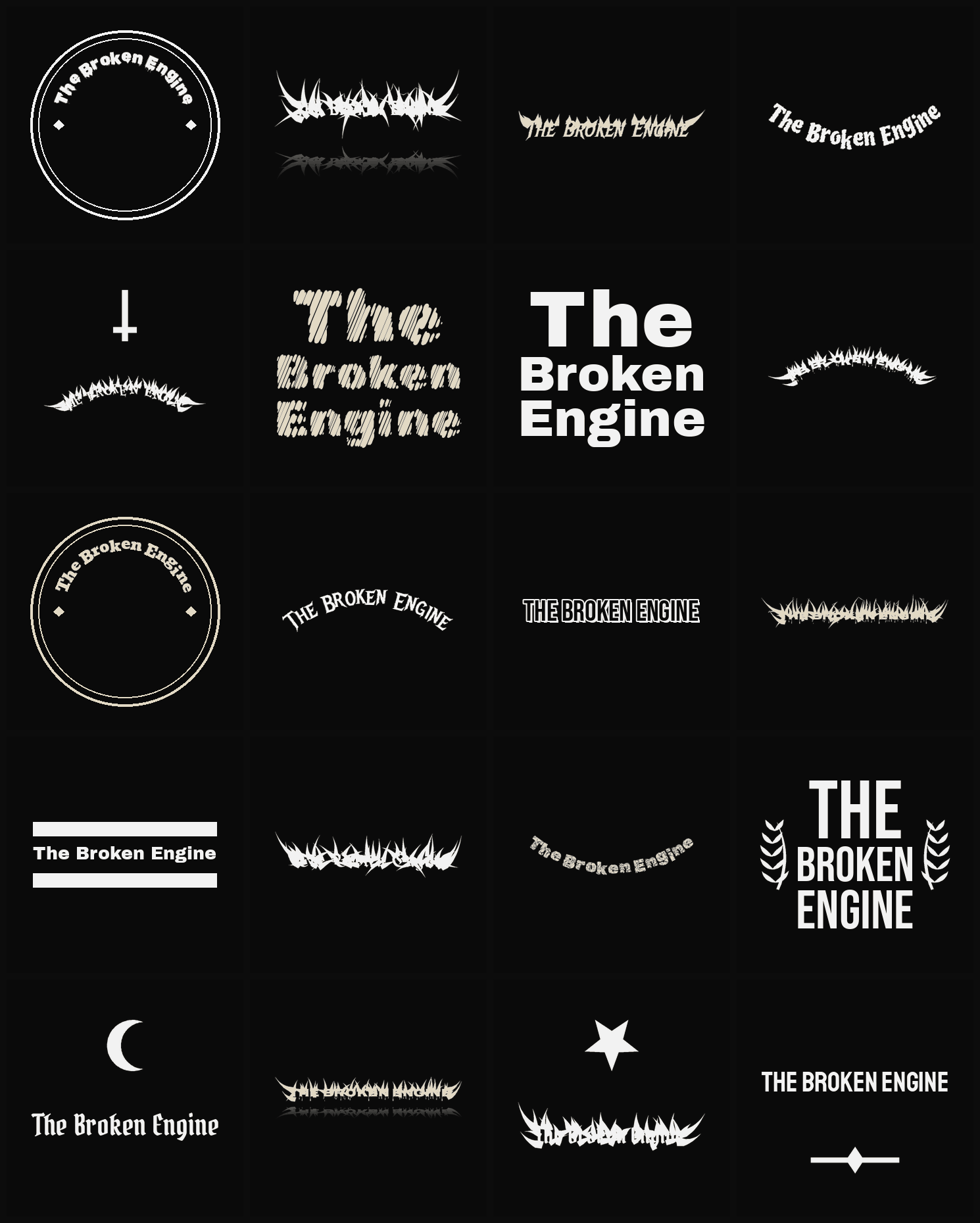 Twenty The Broken Engine band logo ideas — different faces, treatments and spike settings