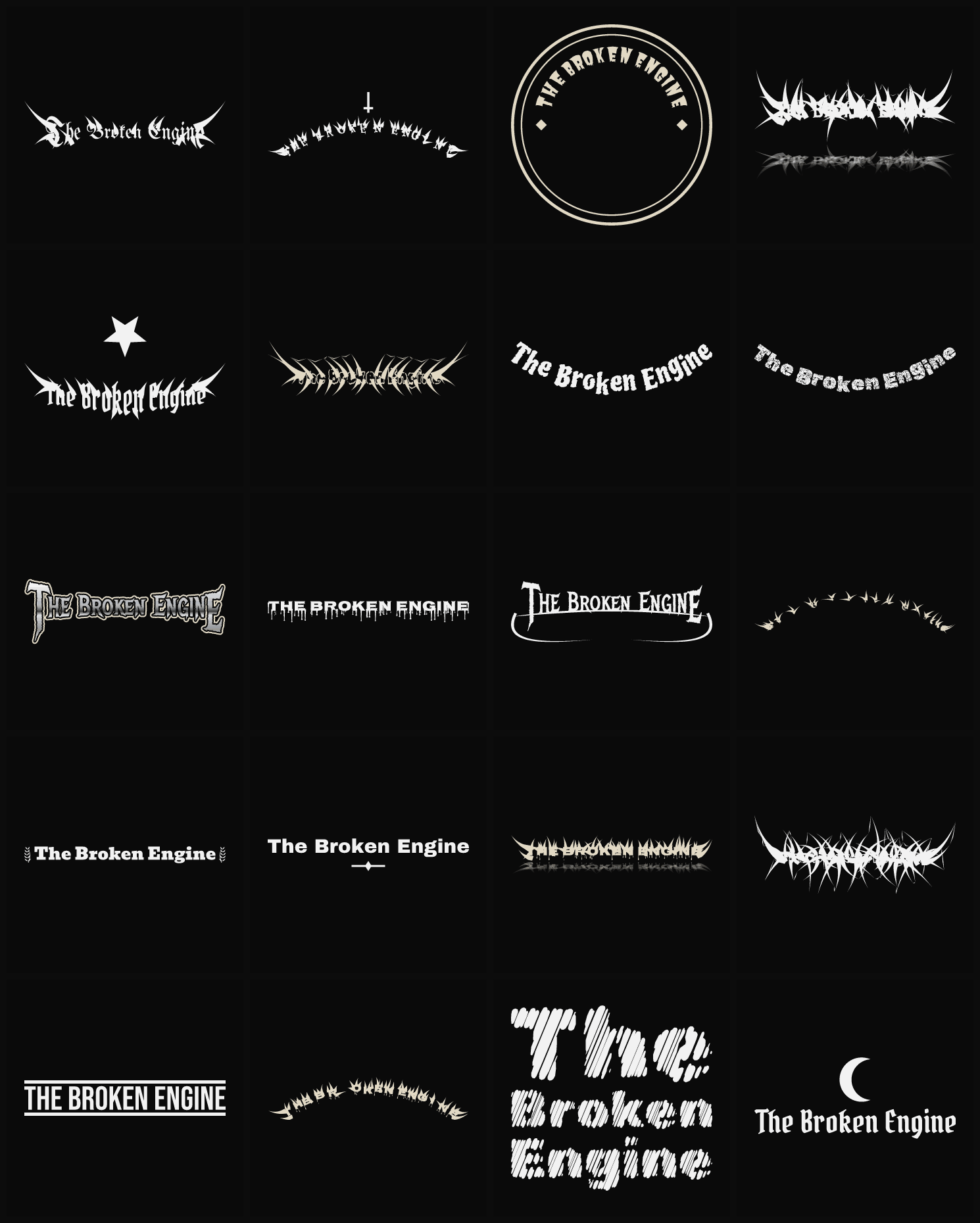 Twenty The Broken Engine band logo ideas — different faces, treatments and spike settings
