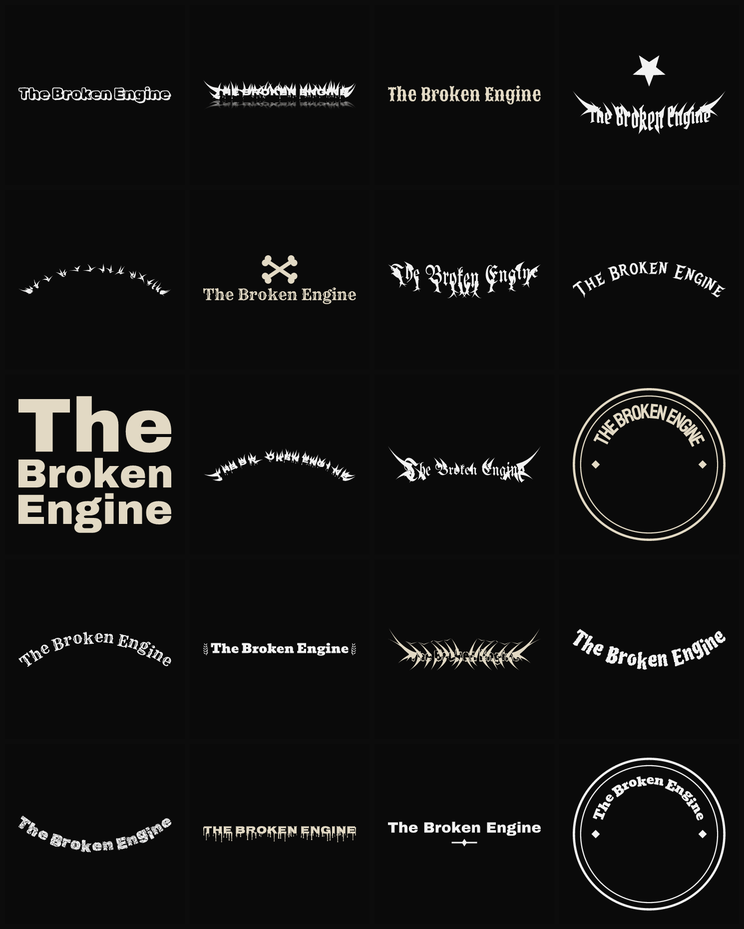 Twenty The Broken Engine band logo ideas — different faces, treatments and spike settings