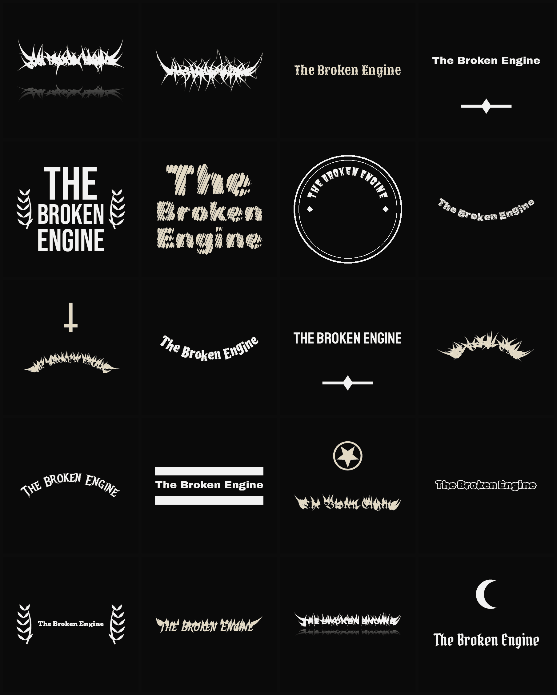 Twenty The Broken Engine band logo ideas — different faces, treatments and spike settings