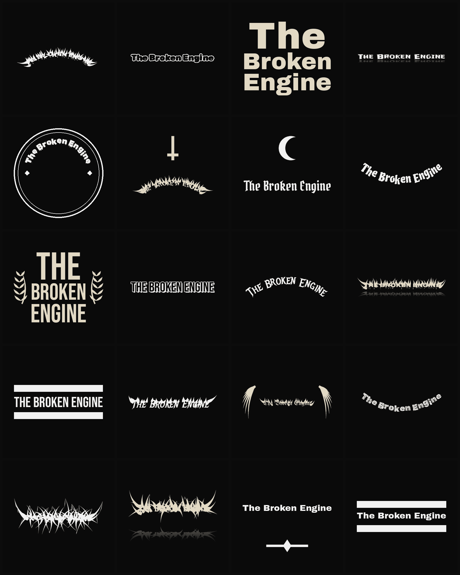 Twenty The Broken Engine band logo ideas — different faces, treatments and spike settings