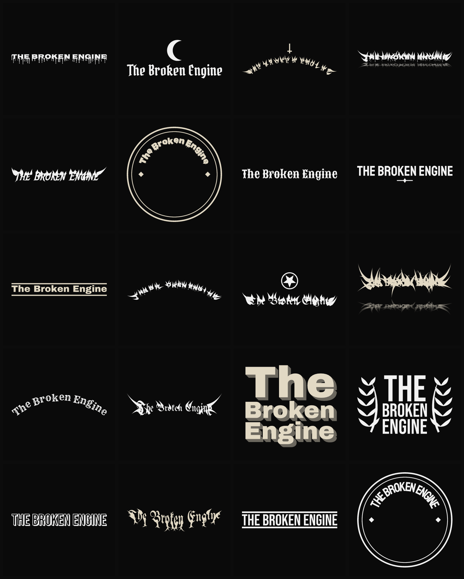 Twenty The Broken Engine band logo ideas — different faces, treatments and spike settings