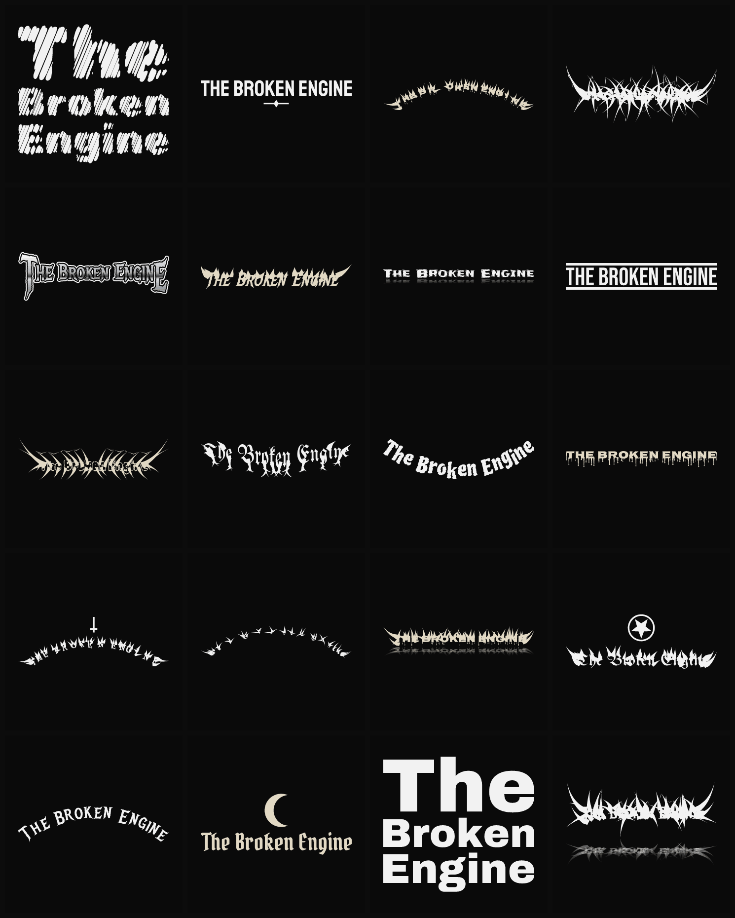 Twenty The Broken Engine band logo ideas — different faces, treatments and spike settings