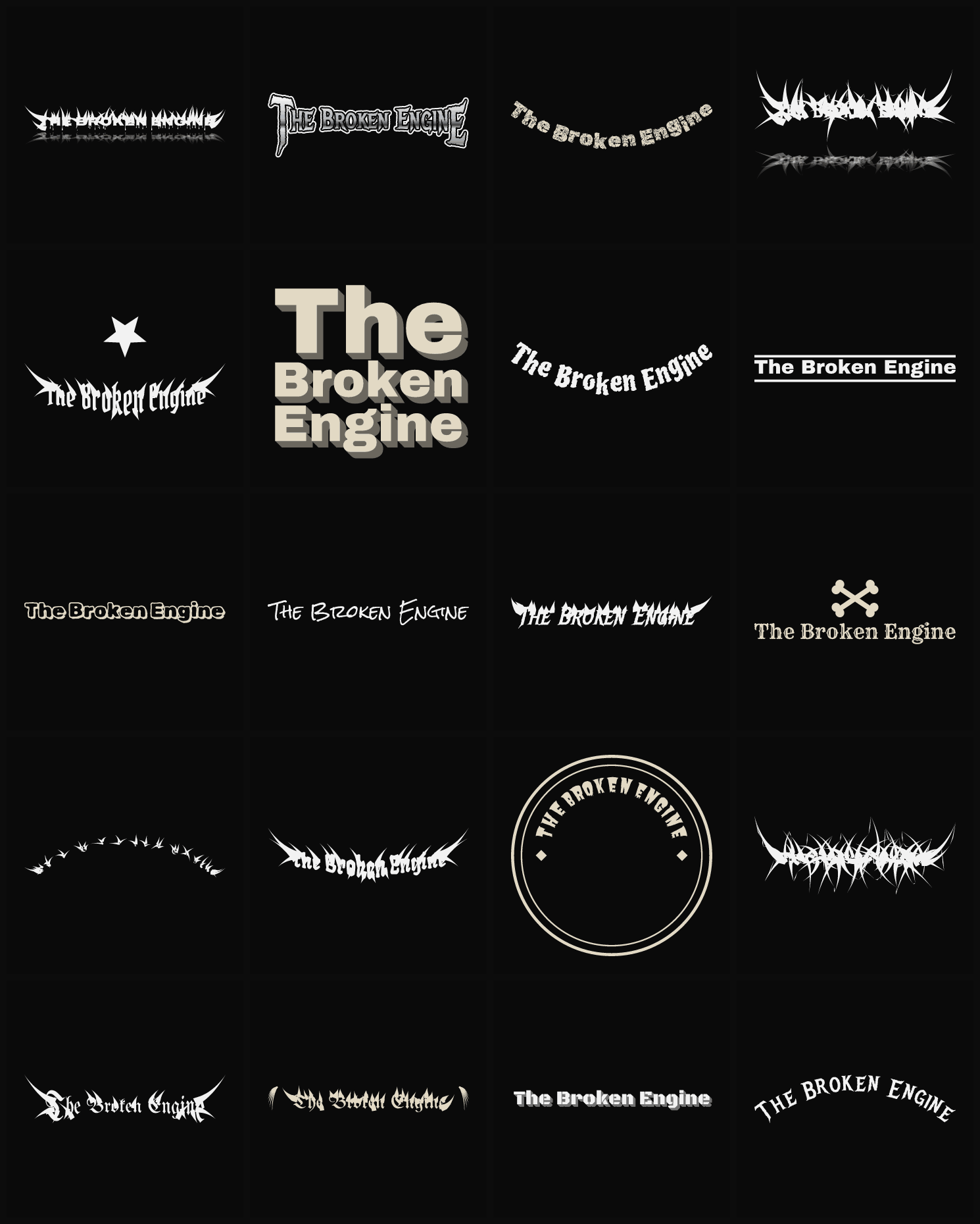 Twenty The Broken Engine band logo ideas — different faces, treatments and spike settings
