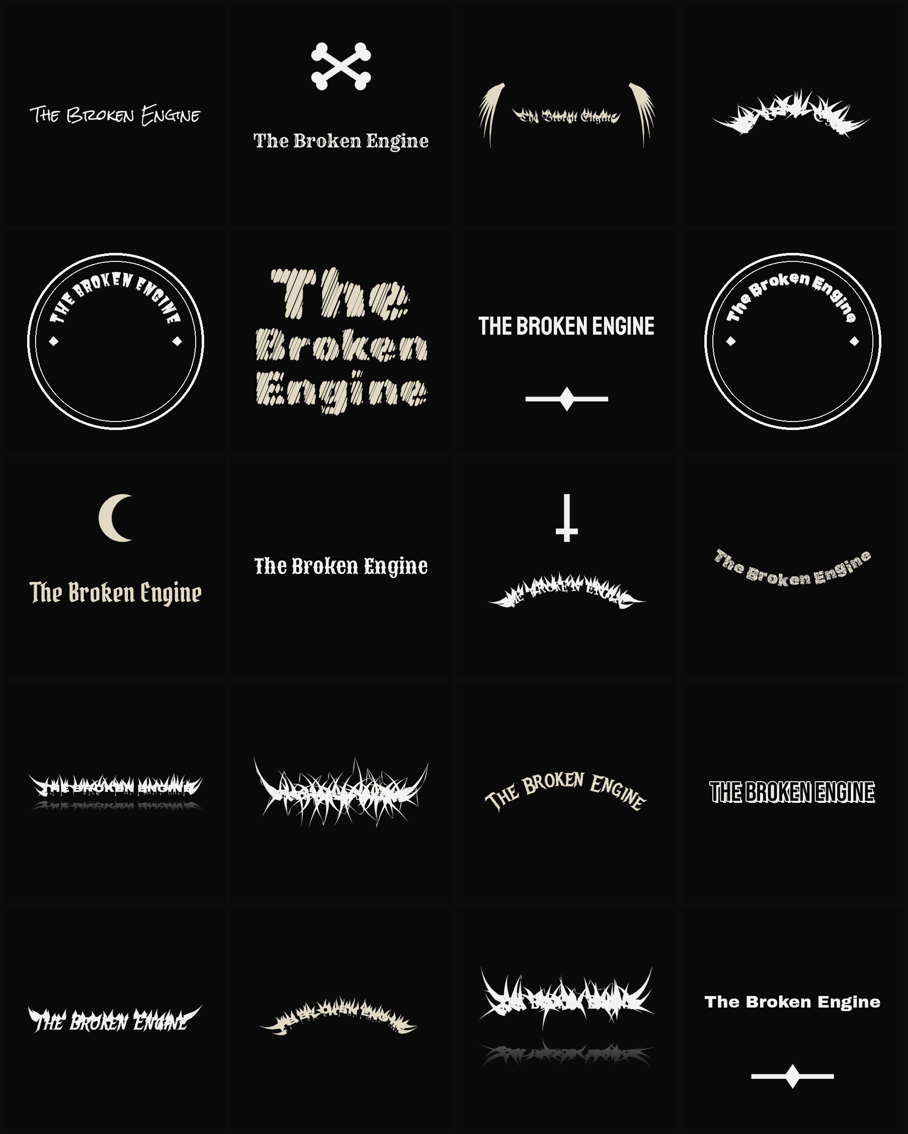 Twenty The Broken Engine band logo ideas — different faces, treatments and spike settings